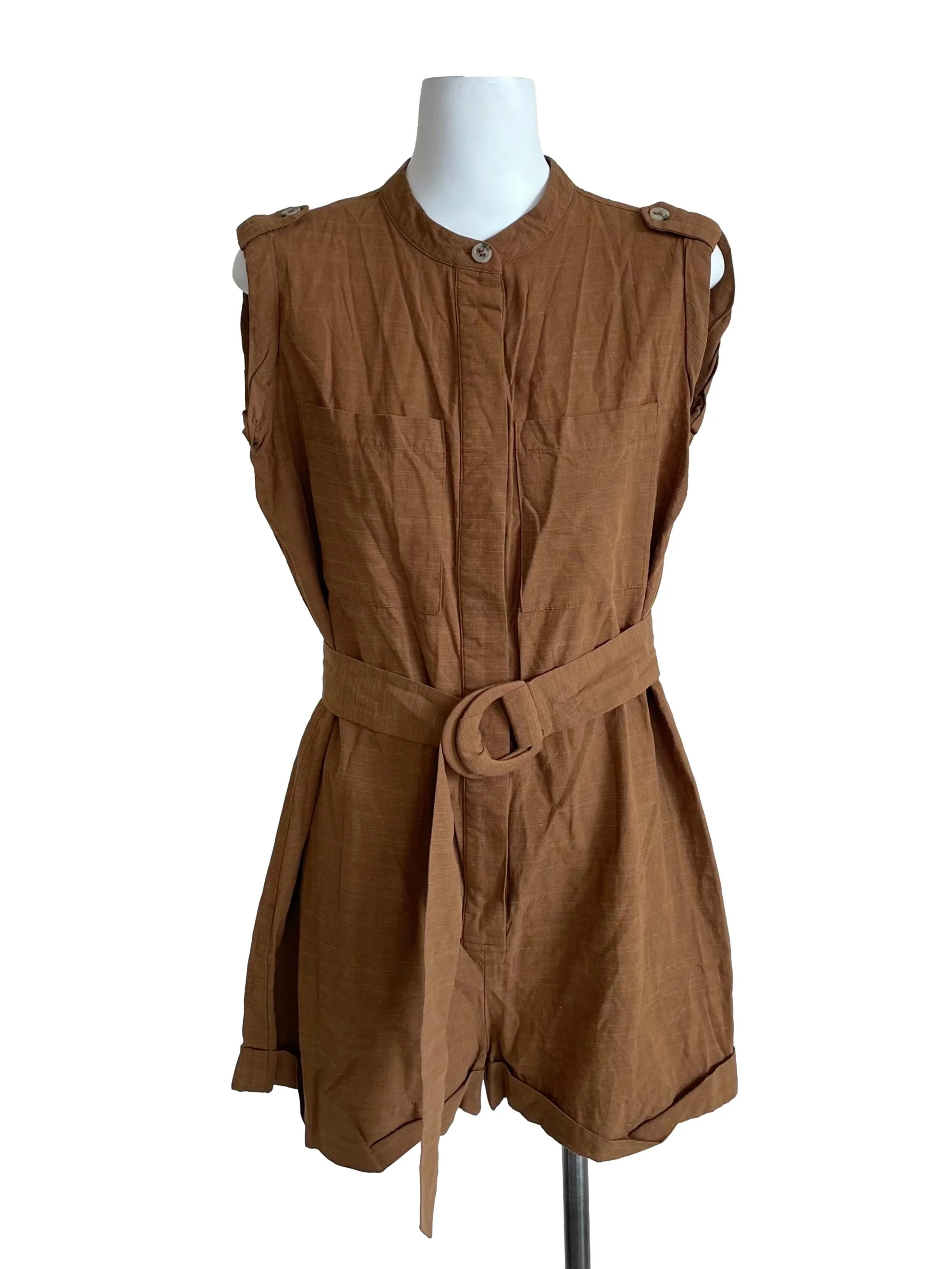 Caramel Cuffed Button Down Romper
