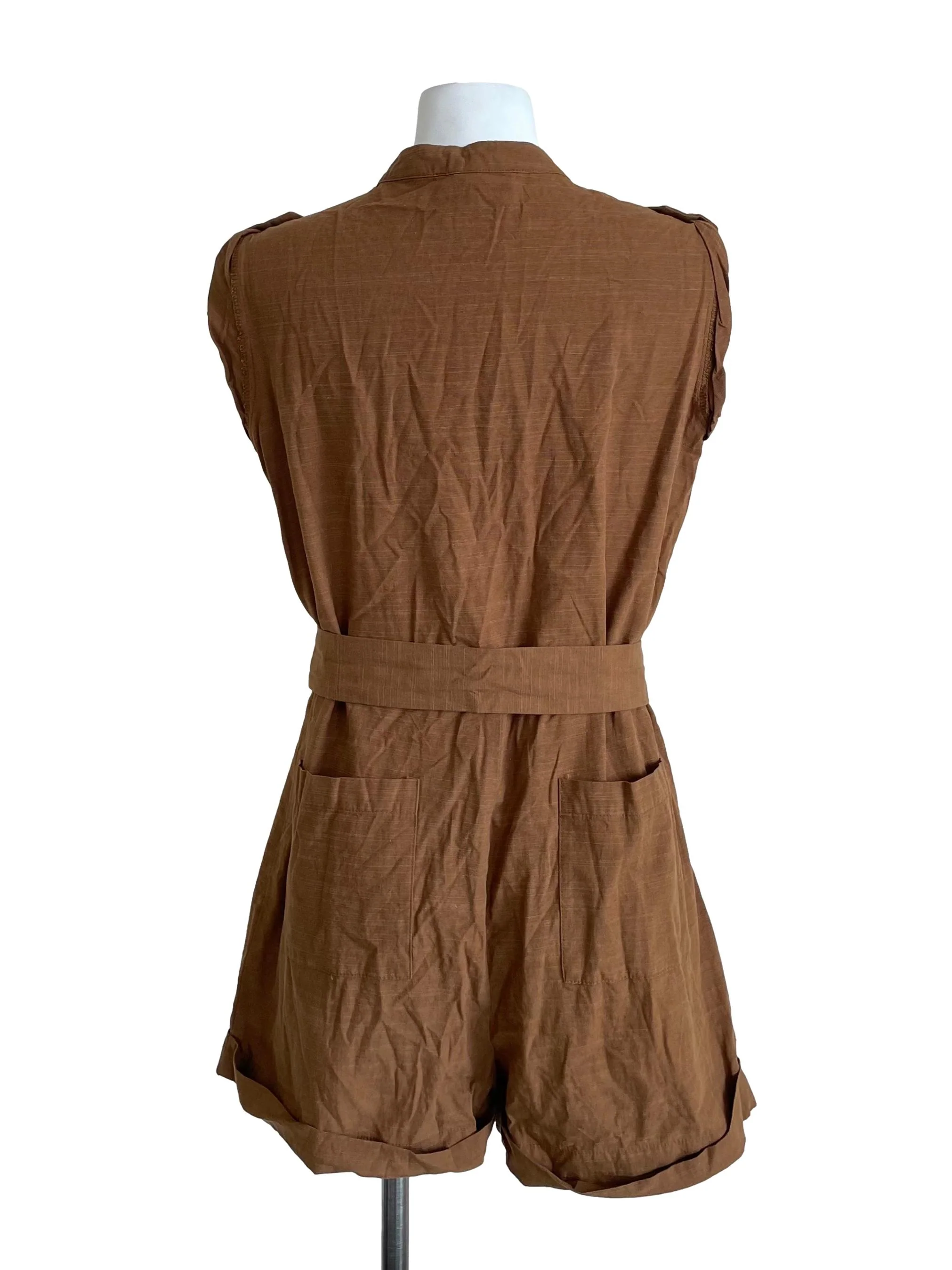 Caramel Cuffed Button Down Romper - Image 2