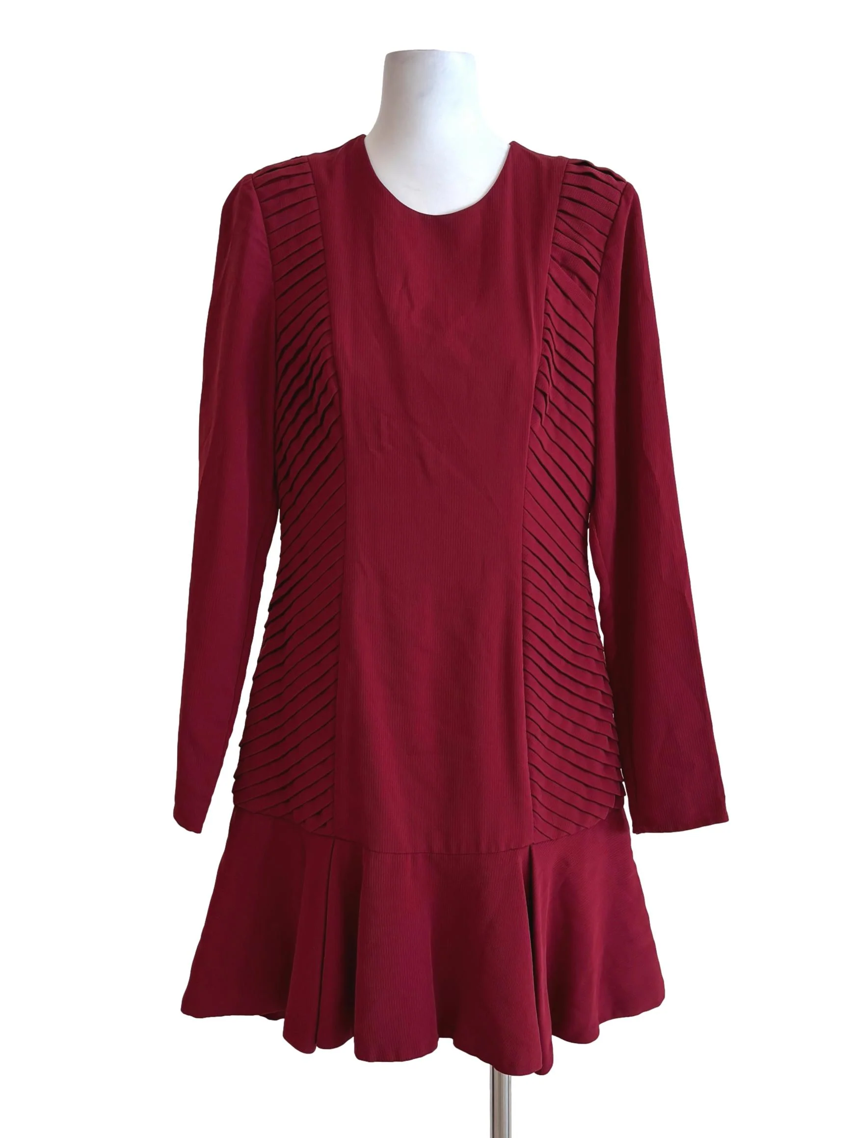 Carmine Red Pleated Long Sleeve Peplum Dress