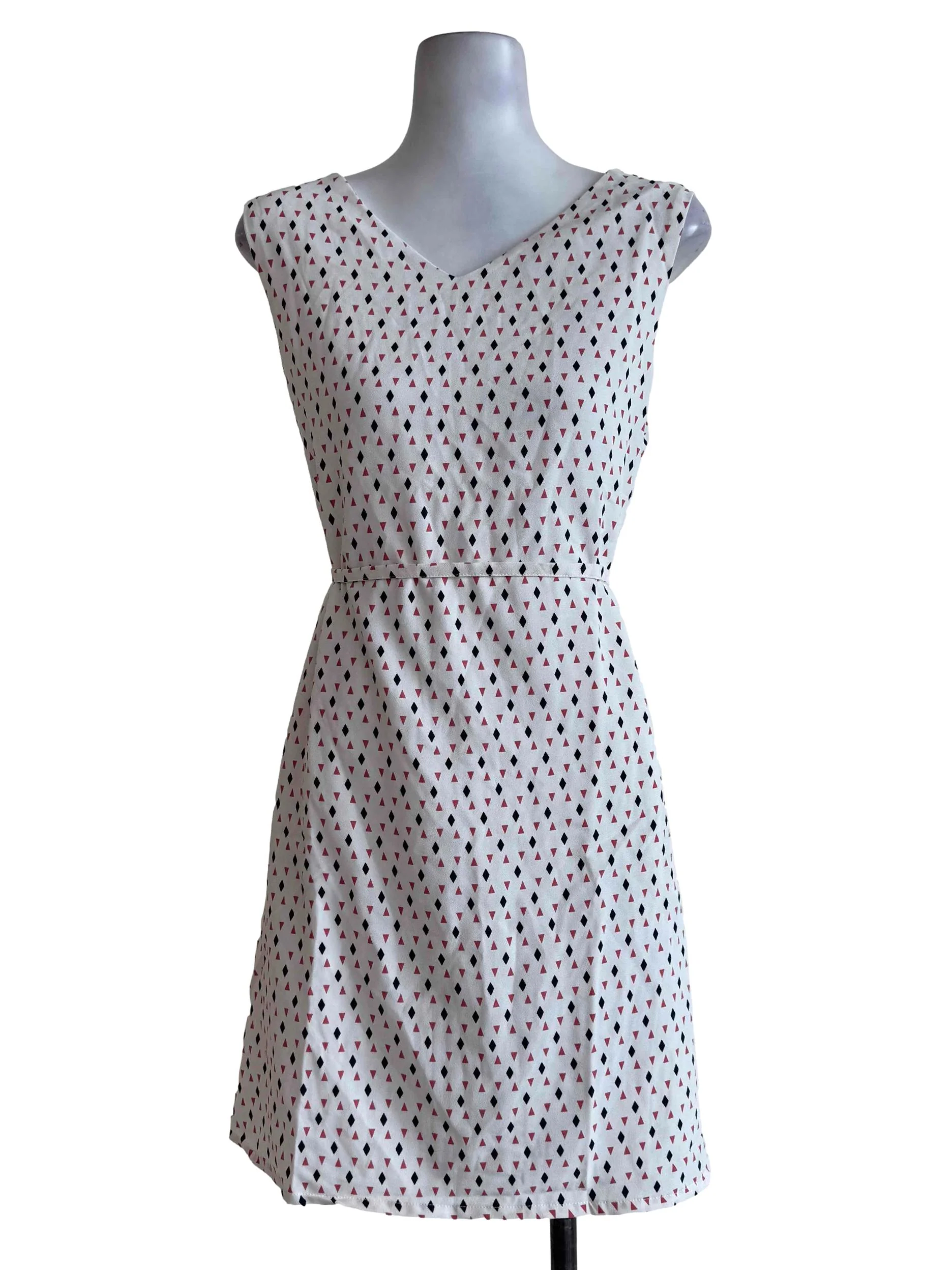 Carnation White With Two Color Motifs V Neck Dress