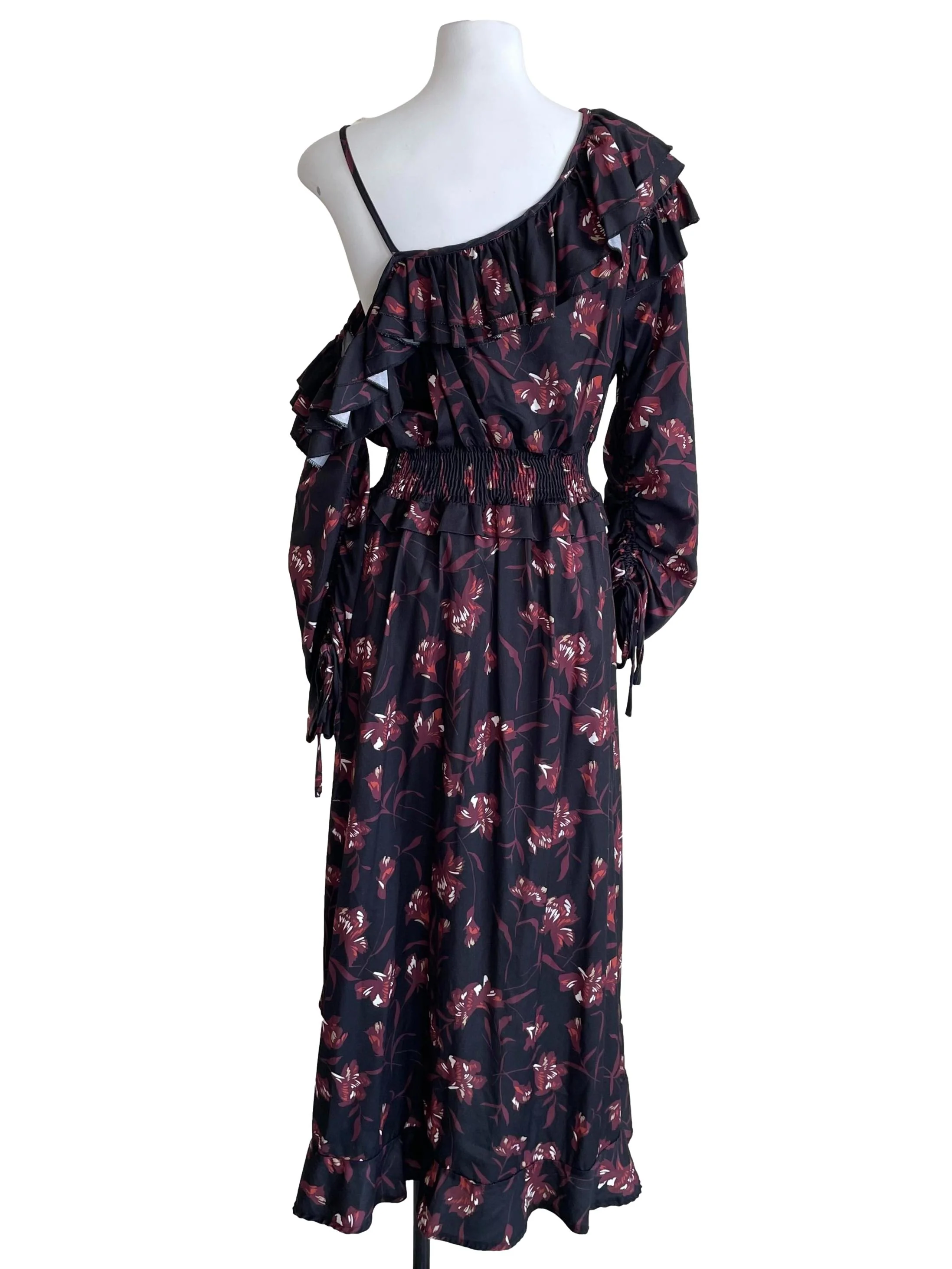 Charcoal Floral Scrunch Sleeves Ruffle Dress - Image 2