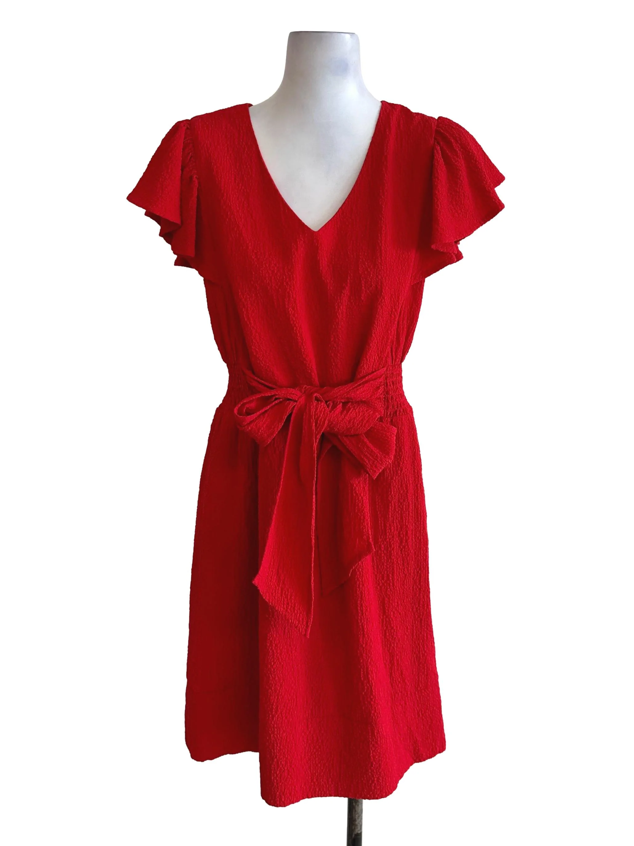 Chili Red V Neck Textured Dress