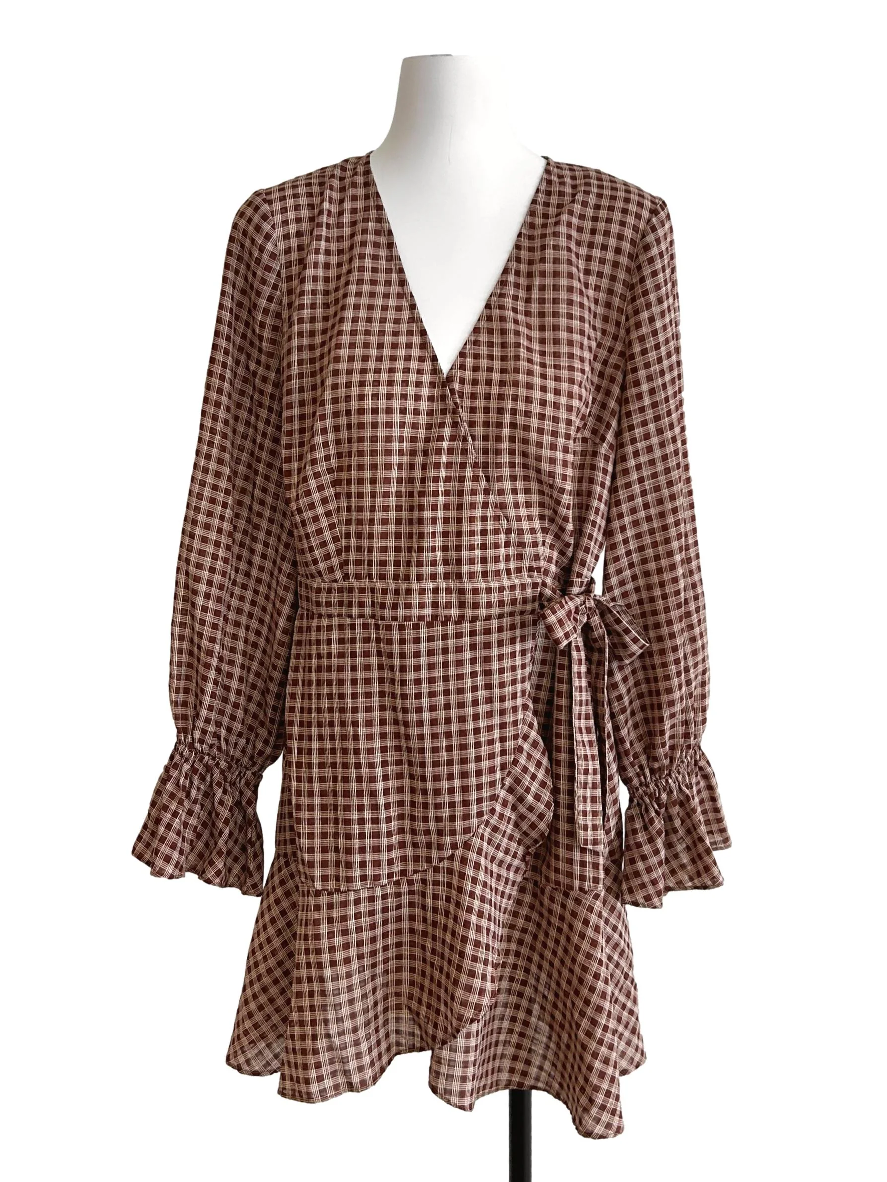 Cinnamon Brown Gingham Wrap Dress