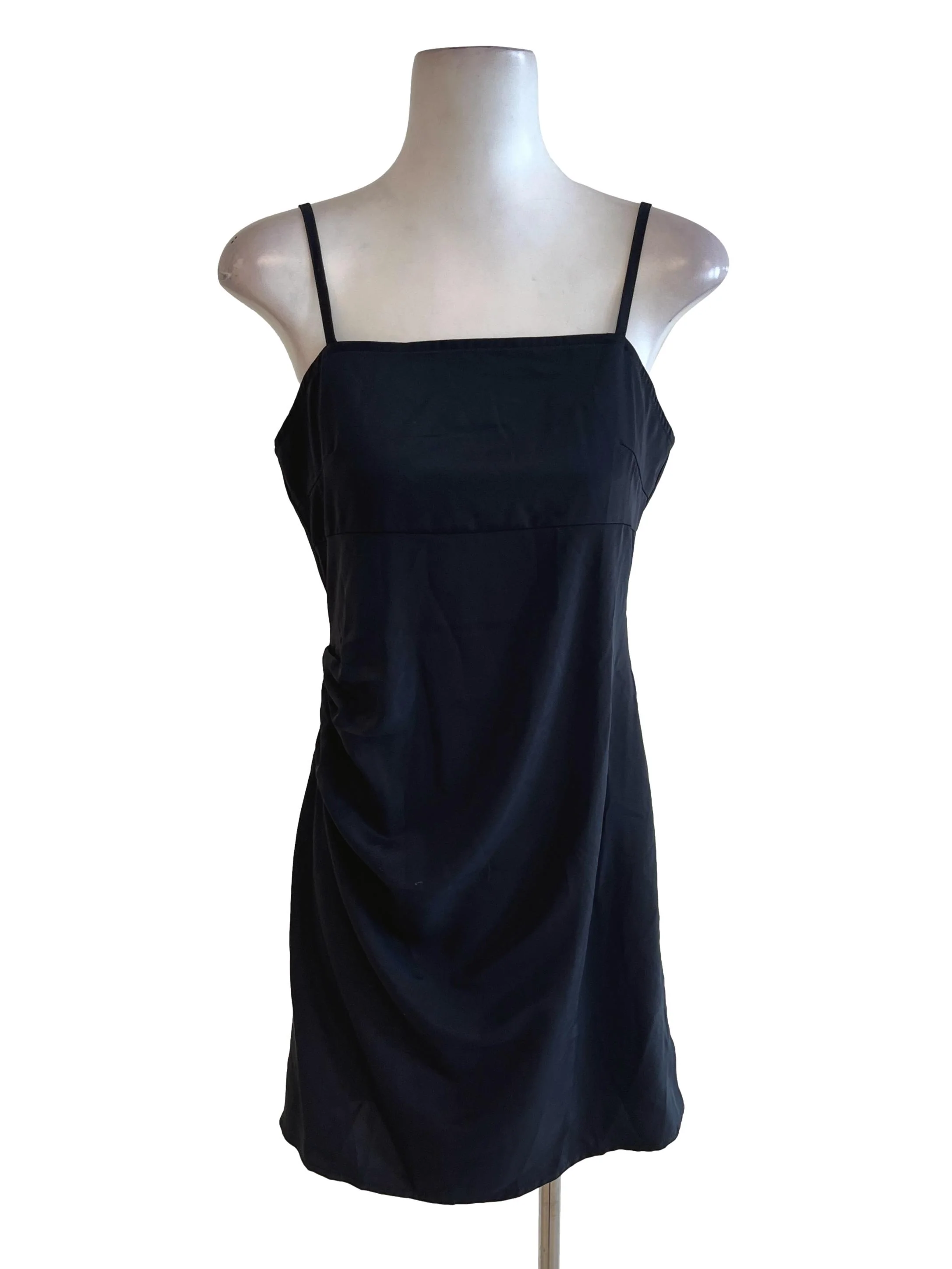 Coal Black Slip Dress With Small Ribbon On Straps And White Pleated On Bottom Dress