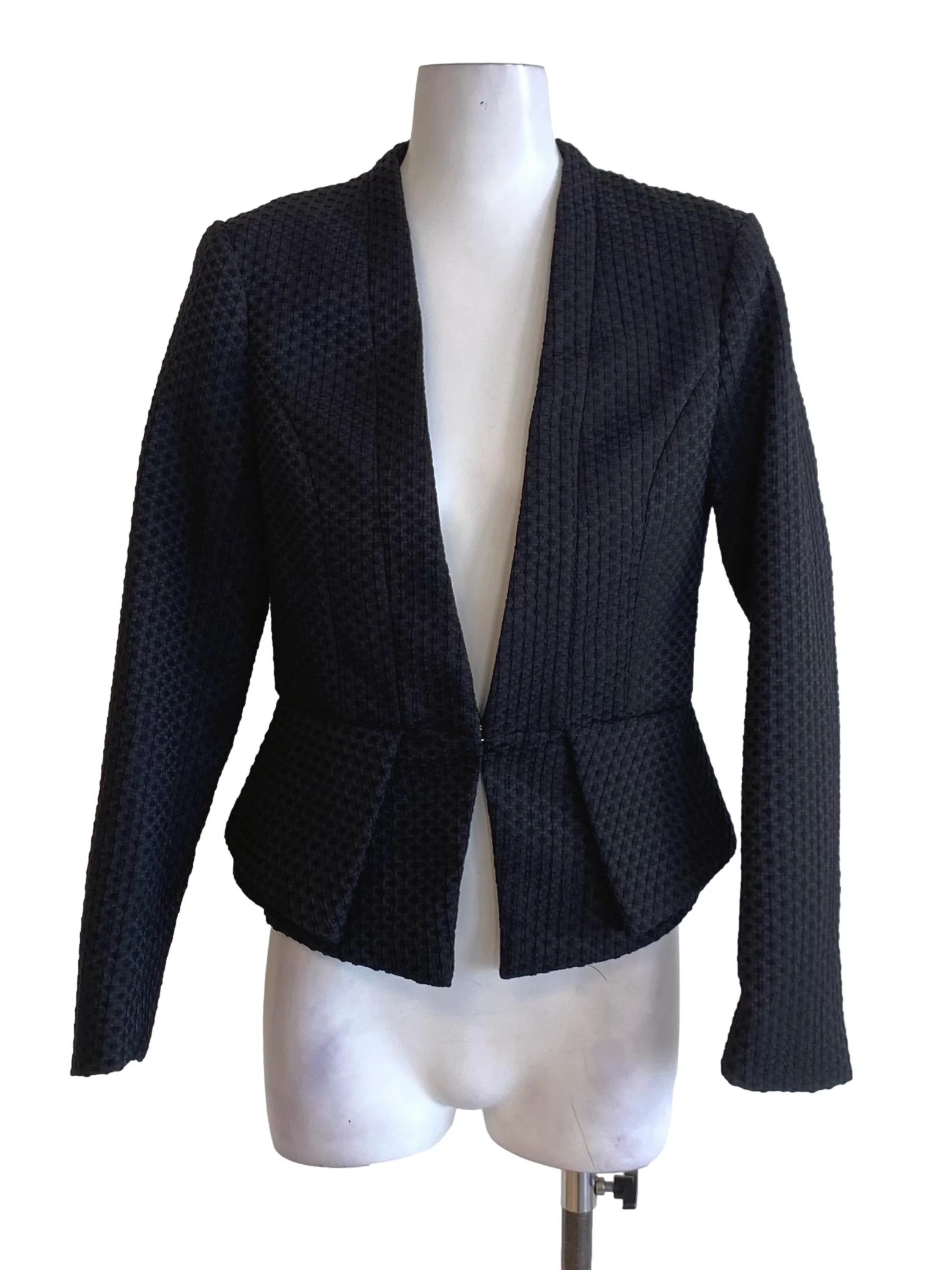 Coal Black Textured Buttoned Long Sleeve Peplum Blazer