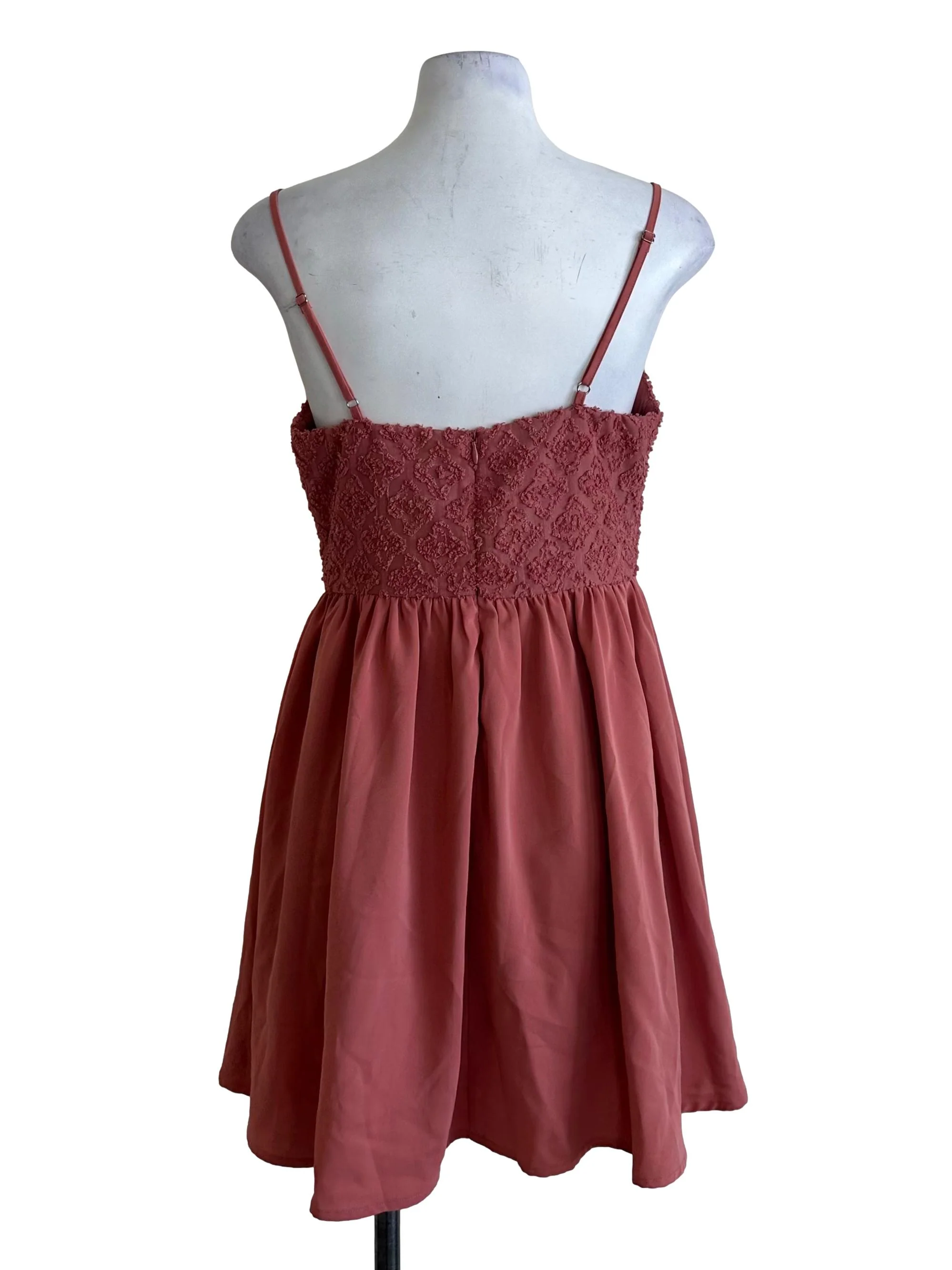 Coral Red Textured Square Neck Babydoll Dress - Image 2