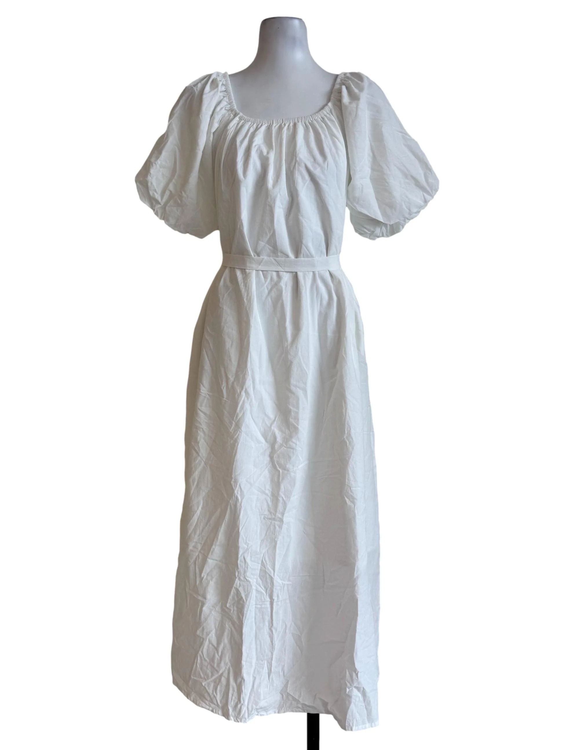 Cotton White Bubble Sleeve A-Line Dress