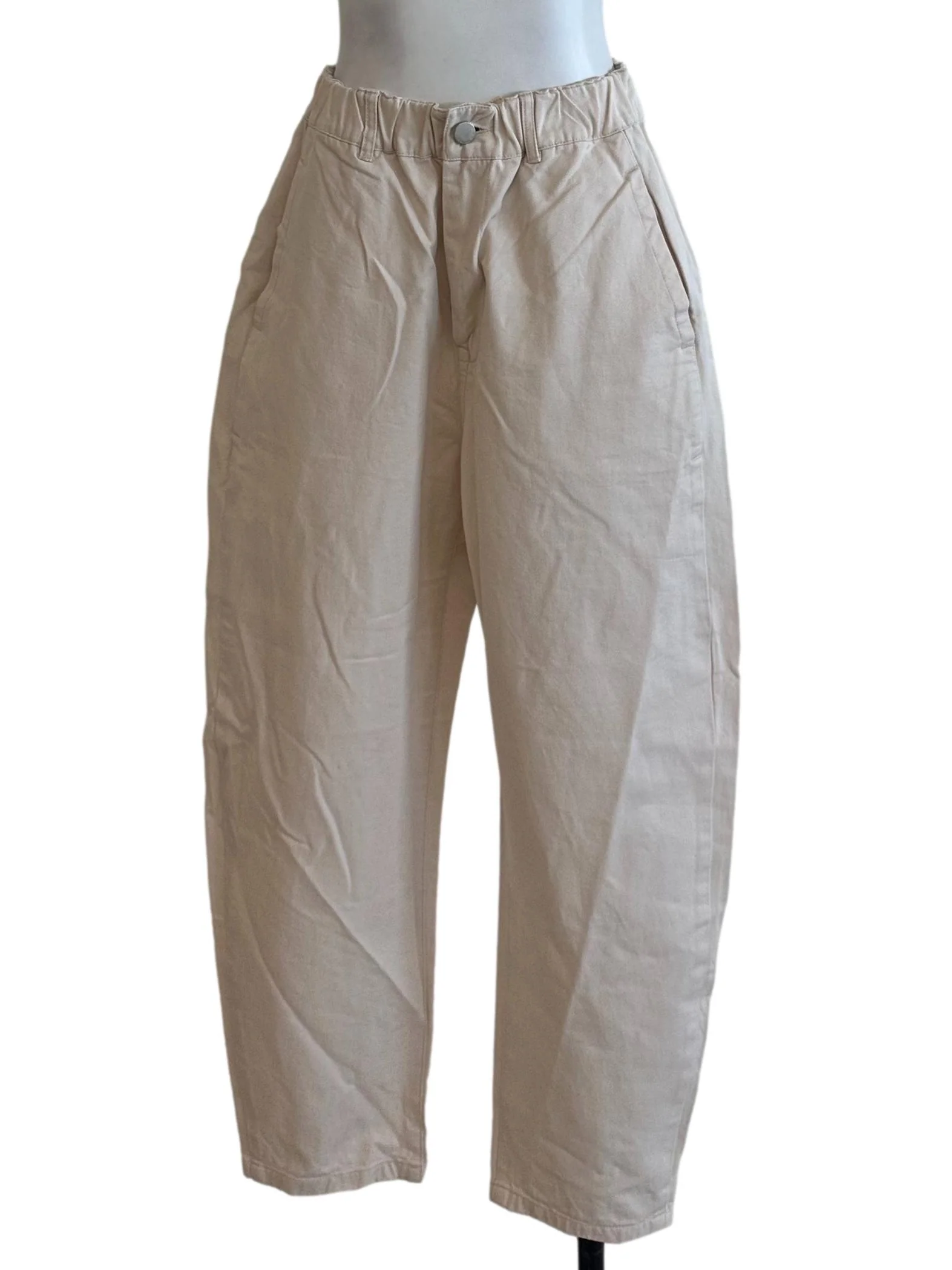 Cream Beige Elastic Waist Long Pants