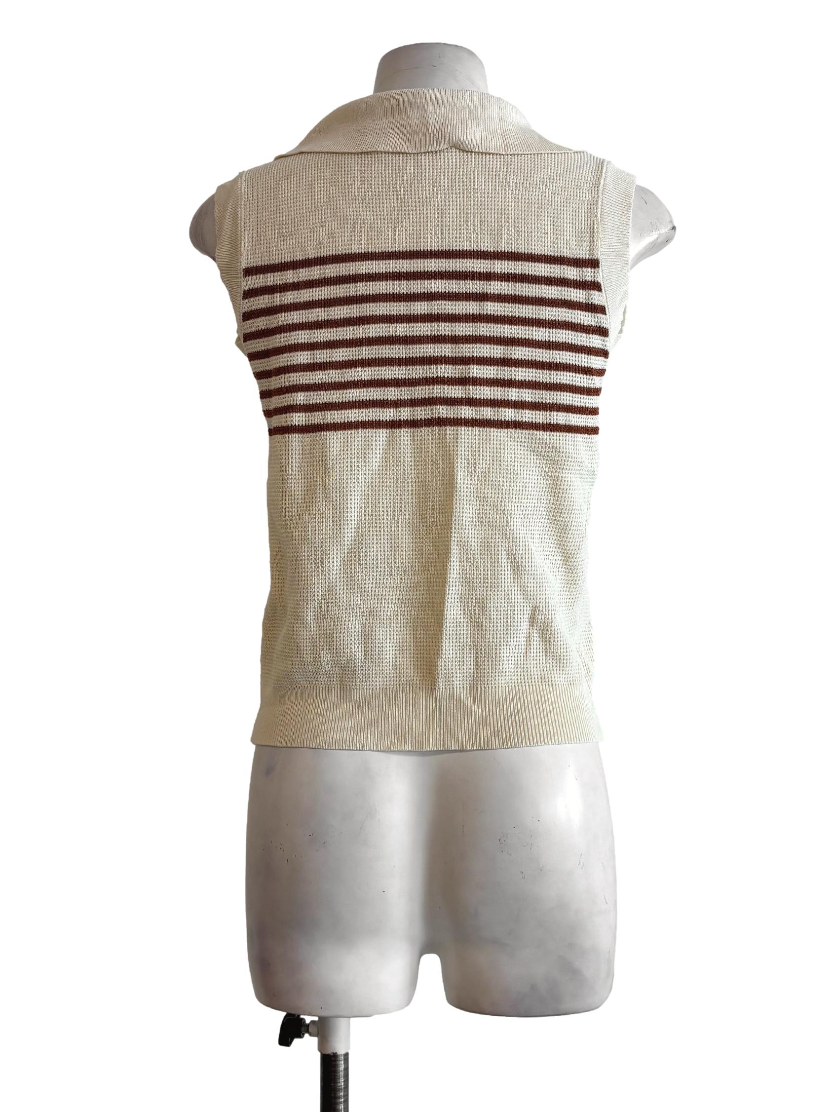 Cream Brown Stripes Collared Sleeveless Knitwear - Image 2