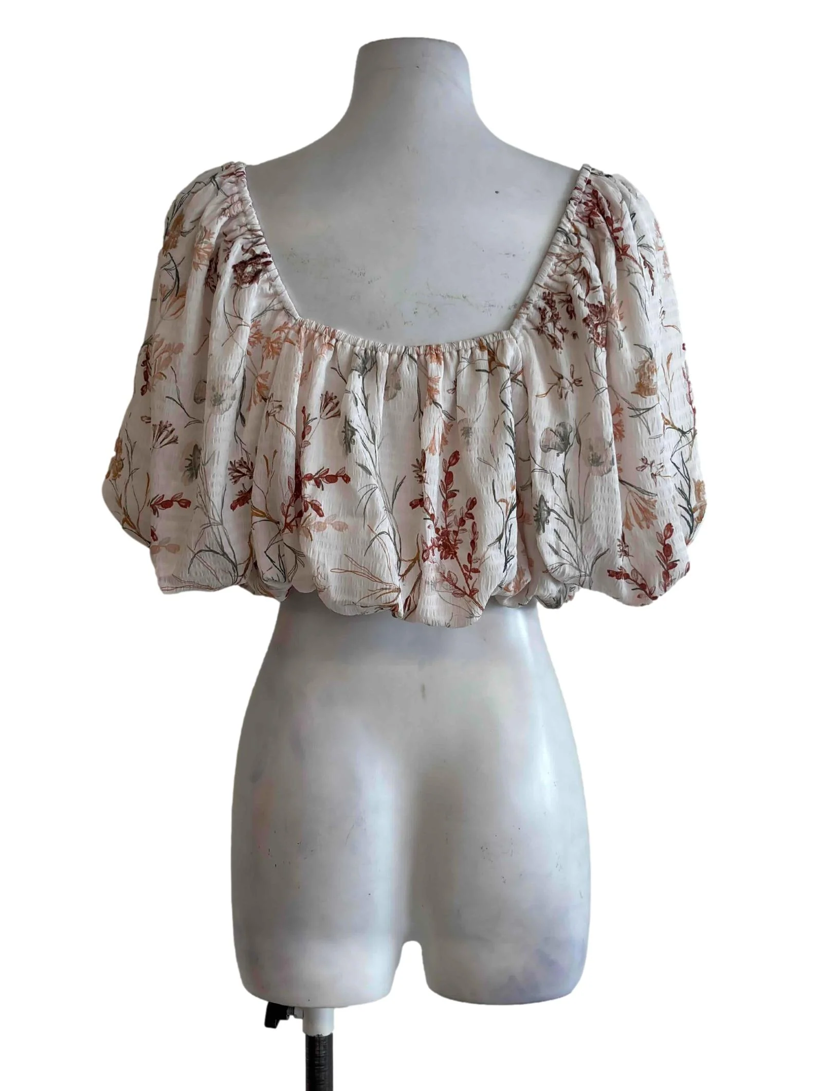 Cream Floral Print Balloon Crop Top - Image 2