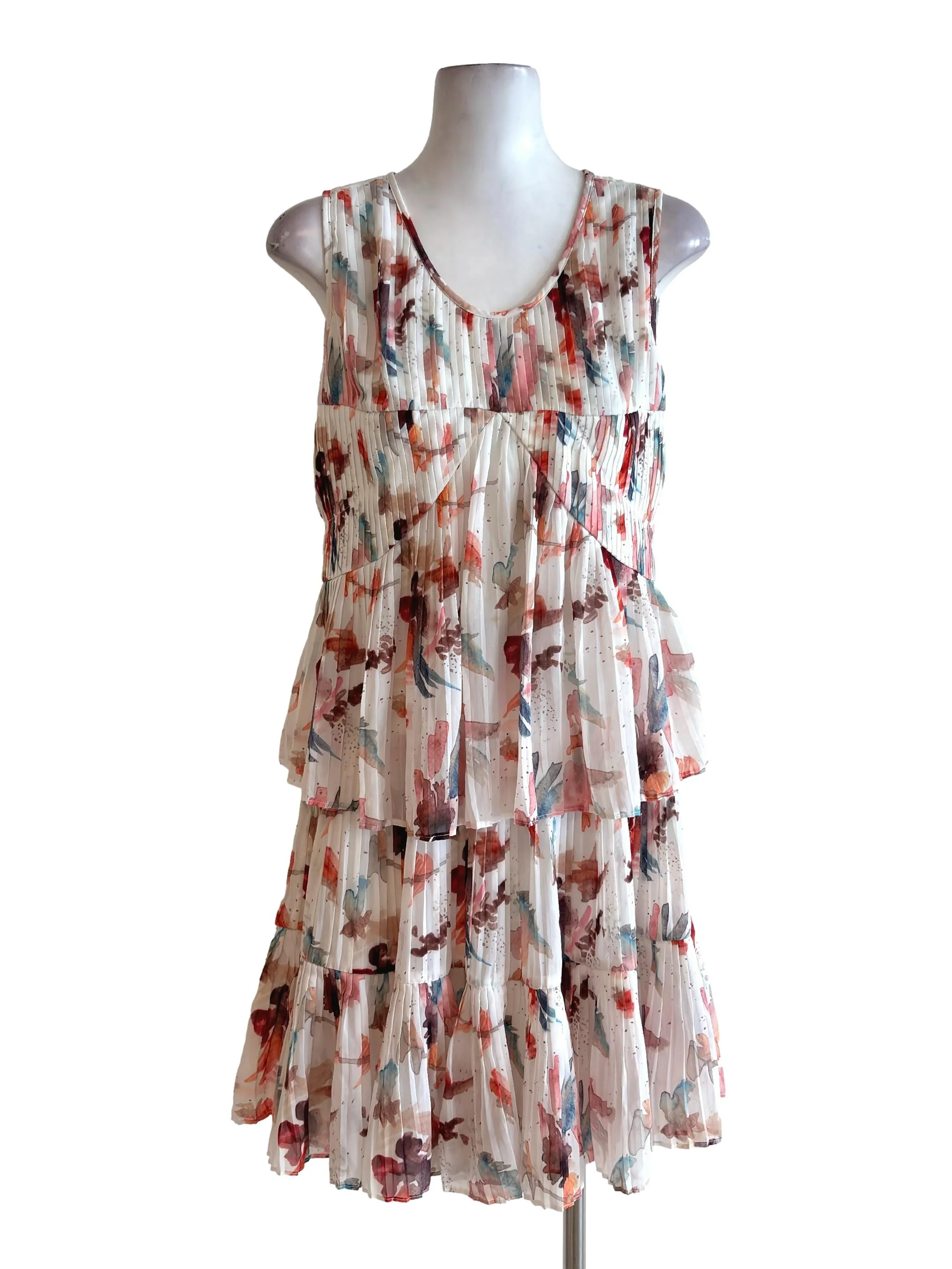 Cream Print Pleated Tiered Sheer Dress