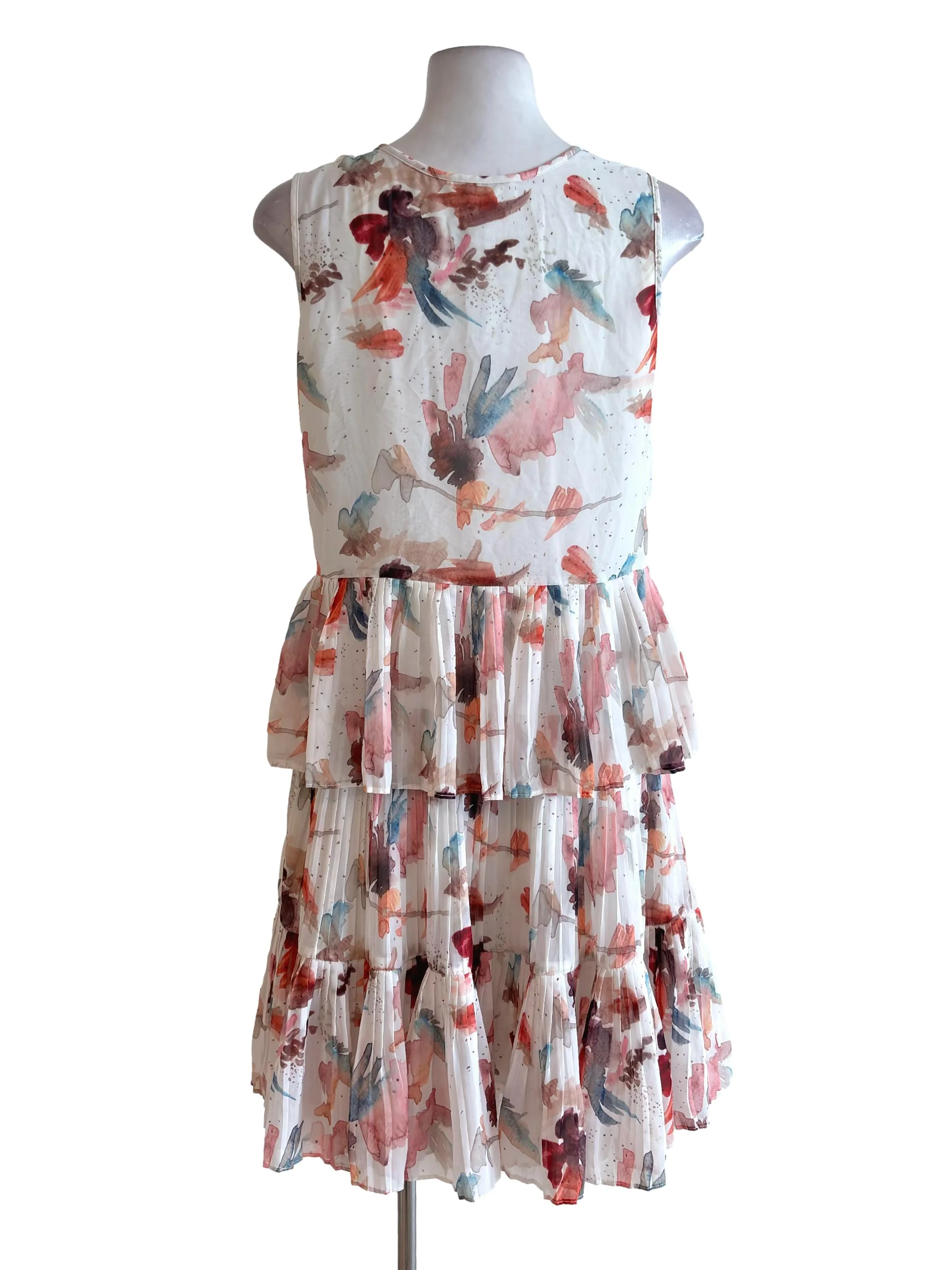 Cream Print Pleated Tiered Sheer Dress - Image 2
