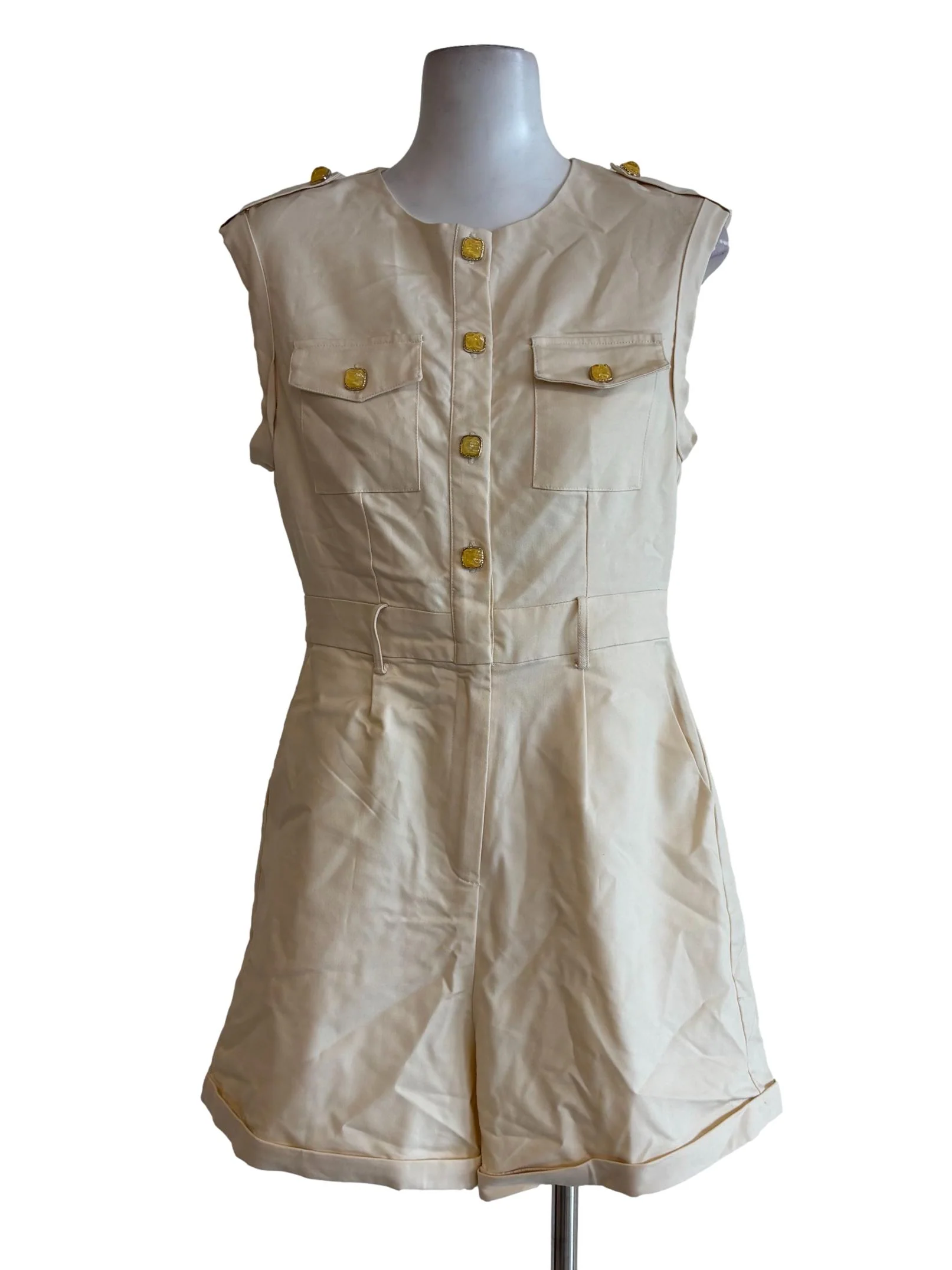 Cream Sleeveless Buttoned Rompers