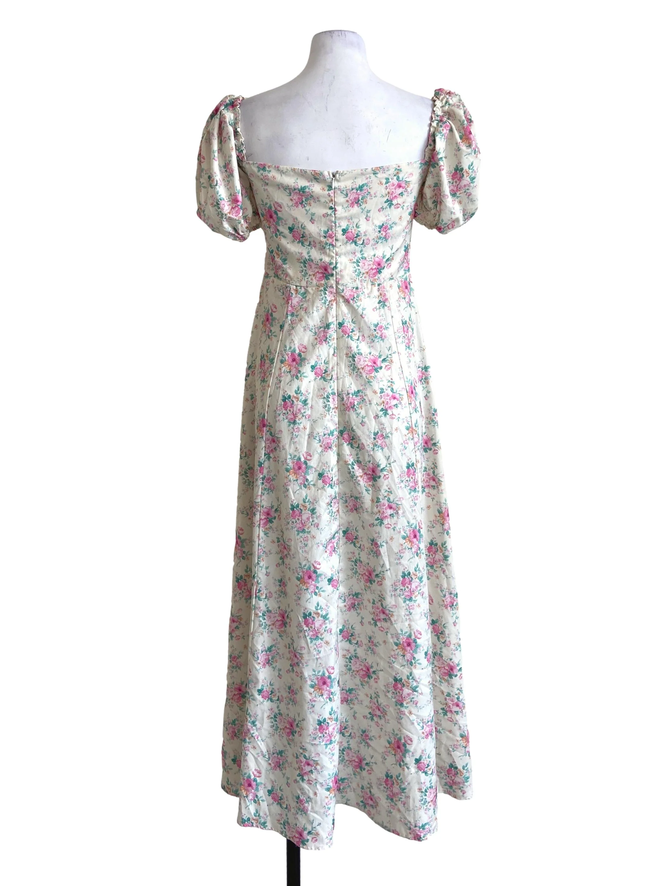 Cream White & Pink Floral Slit Dress - Image 2
