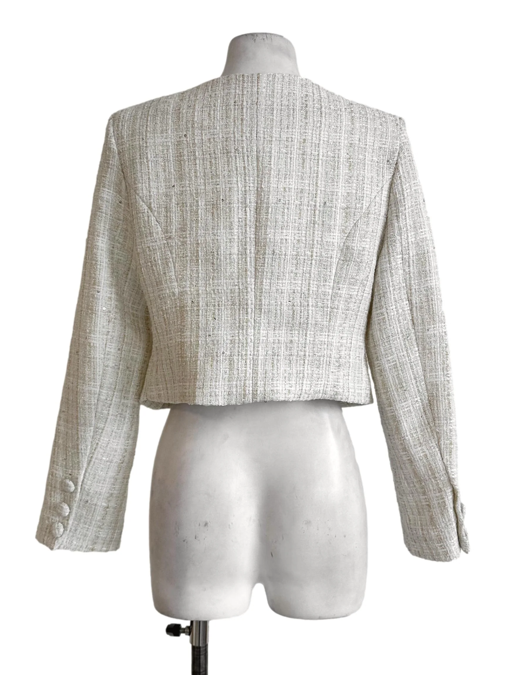 Cream White Tweed Pattern Jacket - Image 2