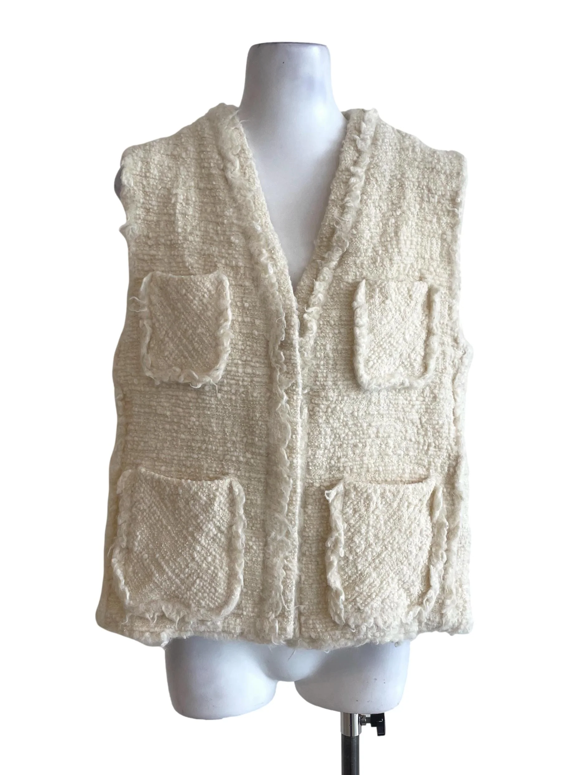 Cream White Tweed Sleeveless Jacket