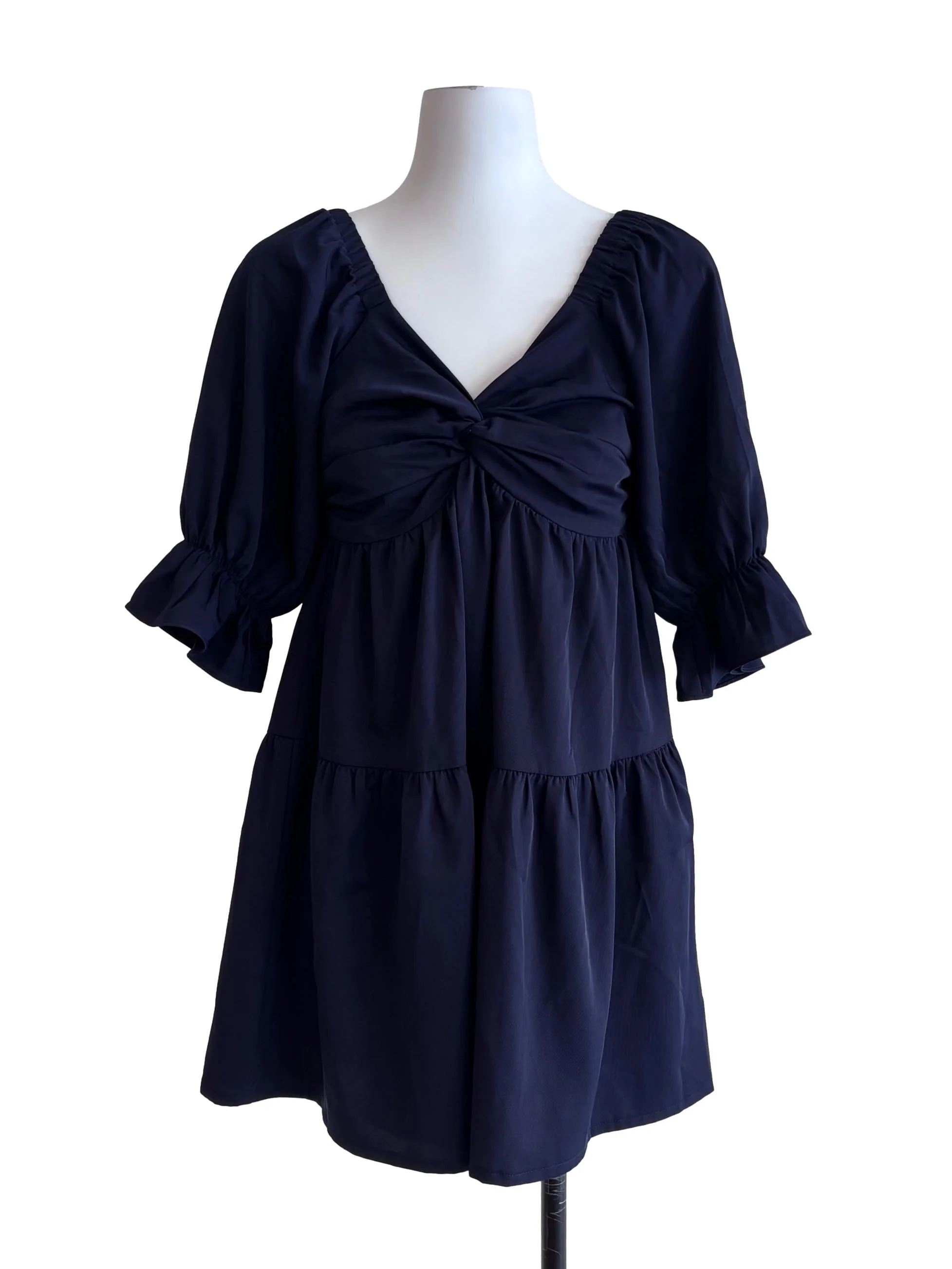 Dark Blue V Neck Tiered Mini Dress