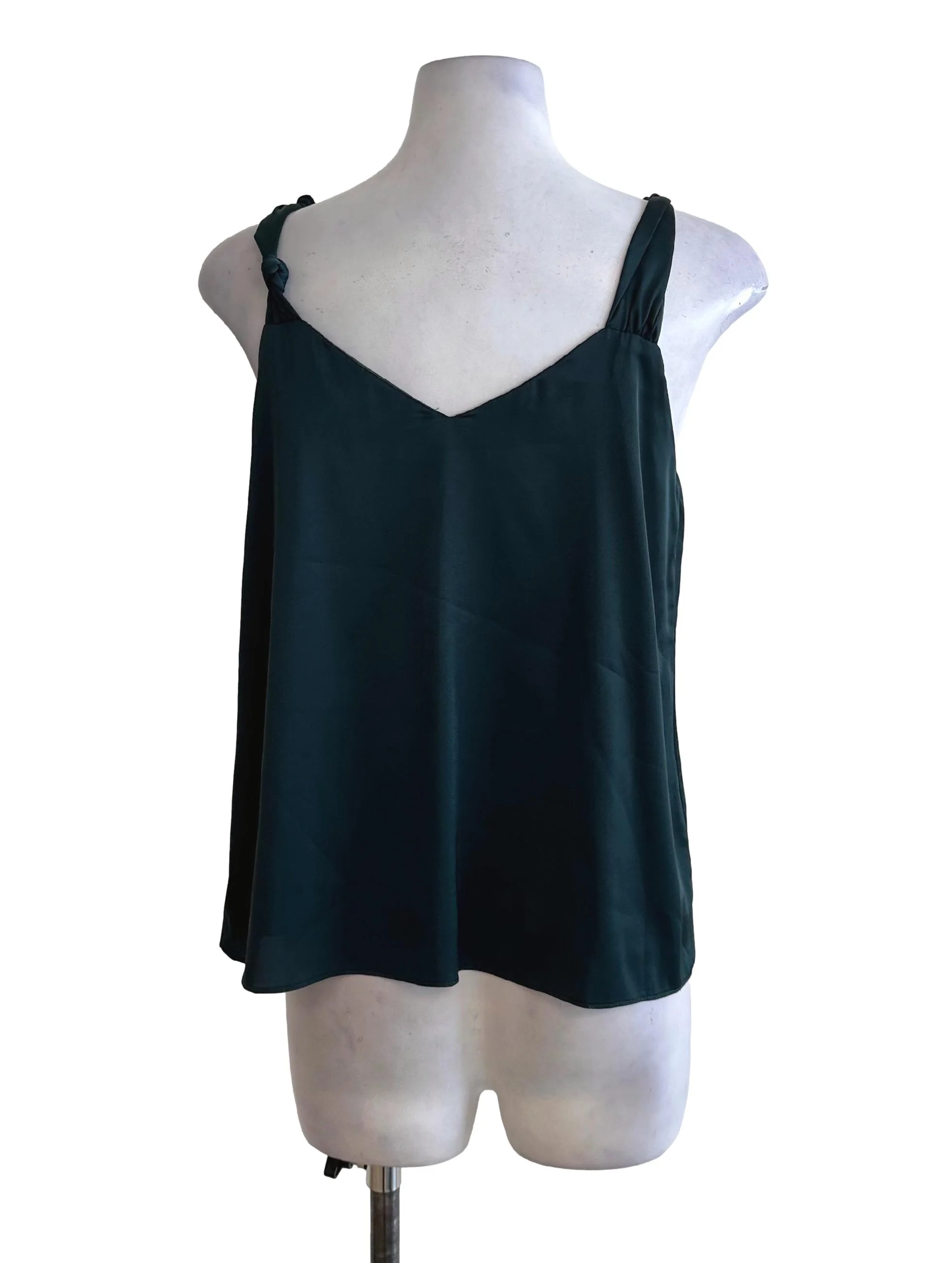 Dark Green V Neck Satin Top - Image 2