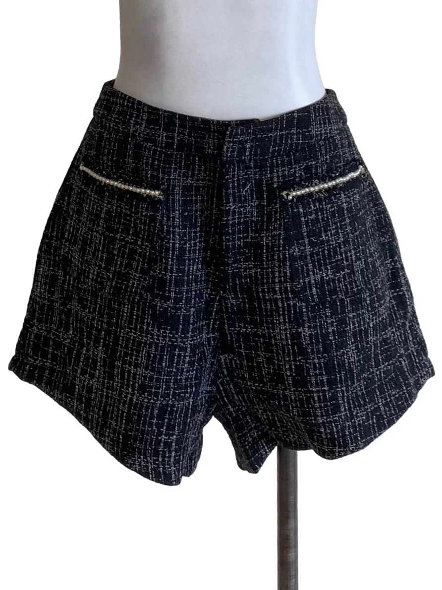 Deep Black Boucle Buttoned Waist Shorts