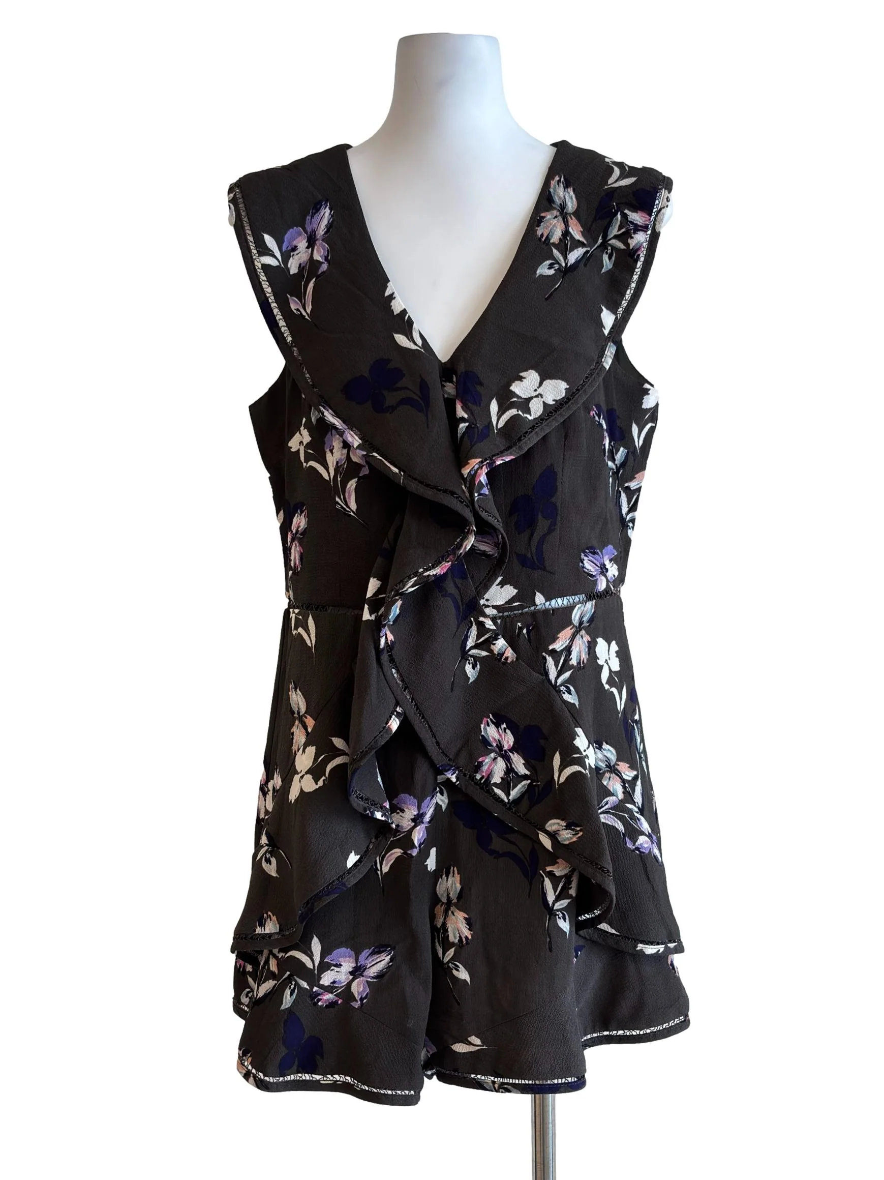 Deep Shadow Grey Floral Ruffle Cutout Romper