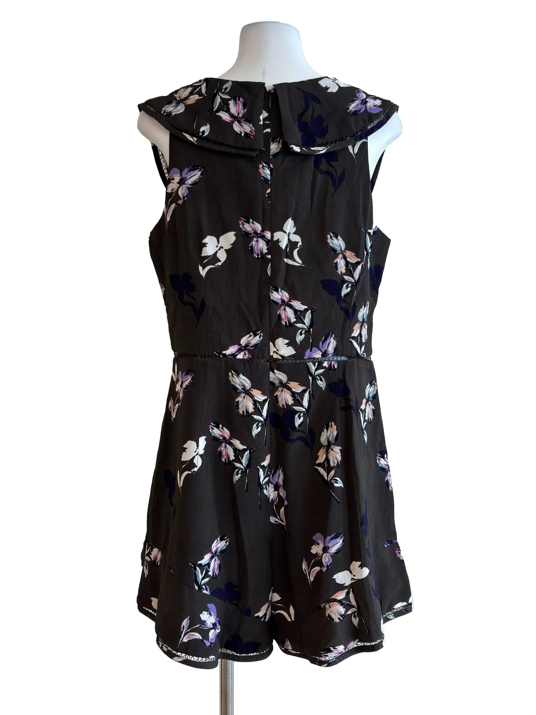 Deep Shadow Grey Floral Ruffle Cutout Romper - Image 2