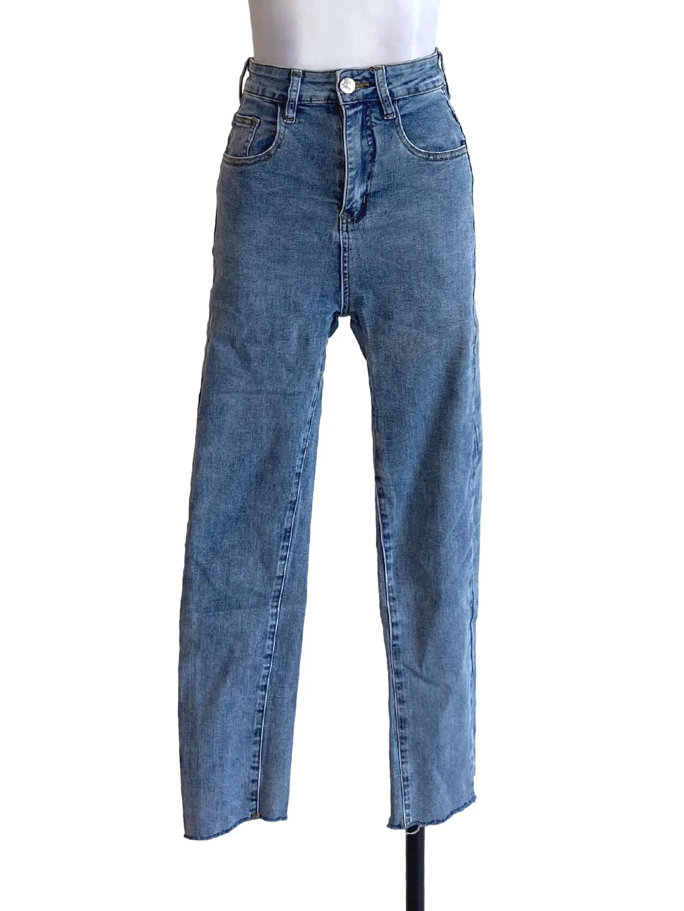 Denim Blue Buttoned Skinny Distressed Jeans