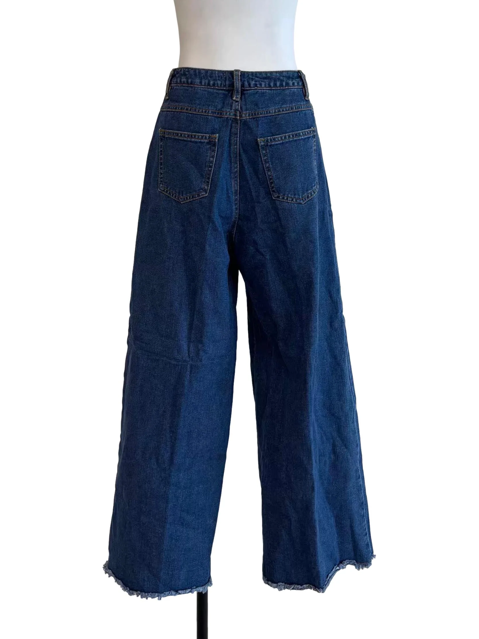 Denim Blue Frayed Wide Leg Jeans - Image 2