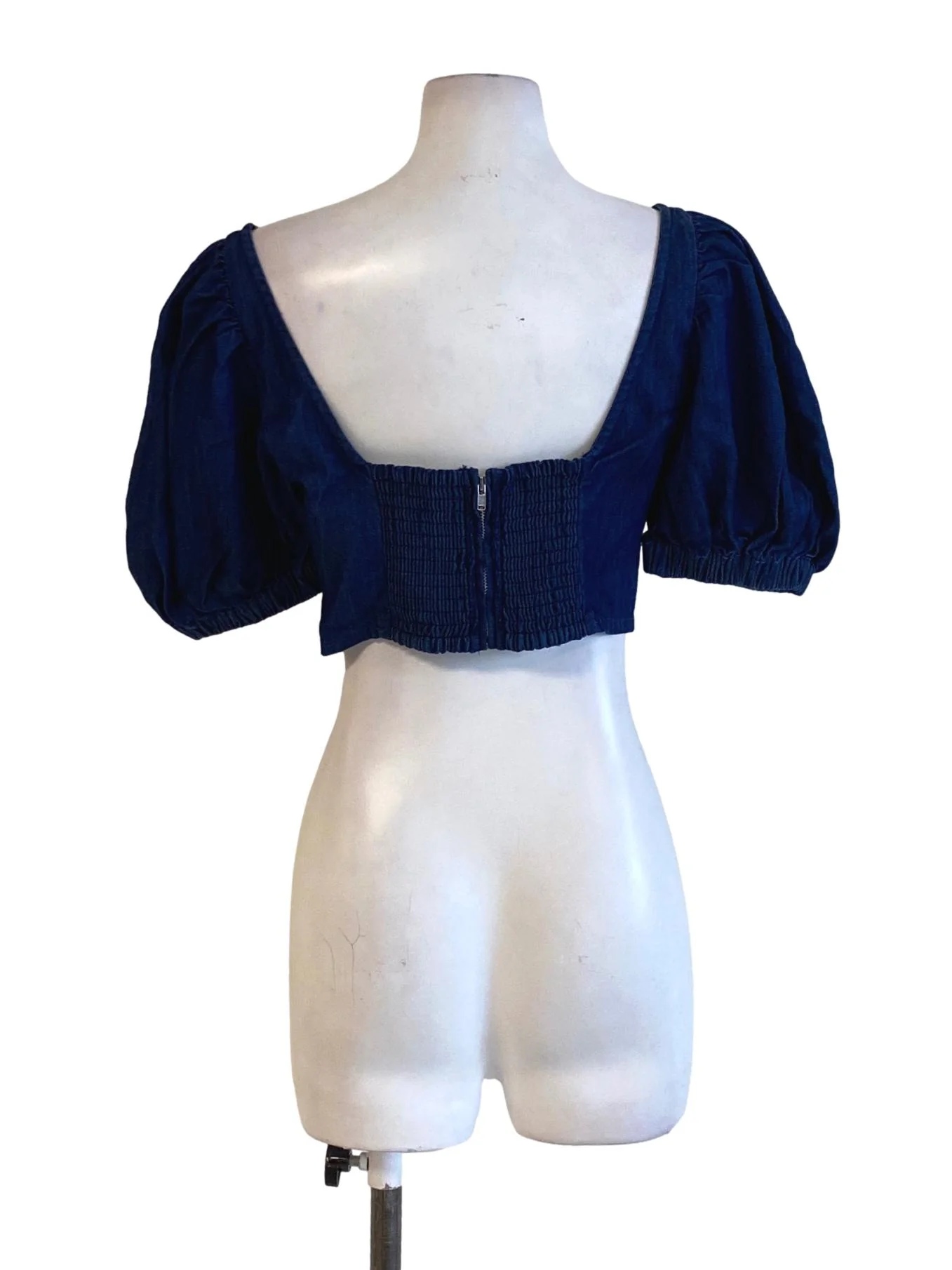 Denim Blue Tie Front Peasant Cropped Top LB - Image 2