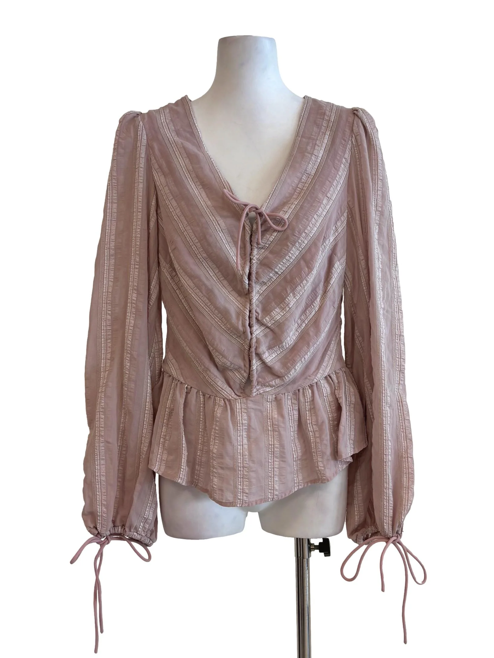 Dusty Rose Long Sleeve Striped Peplum Blouse