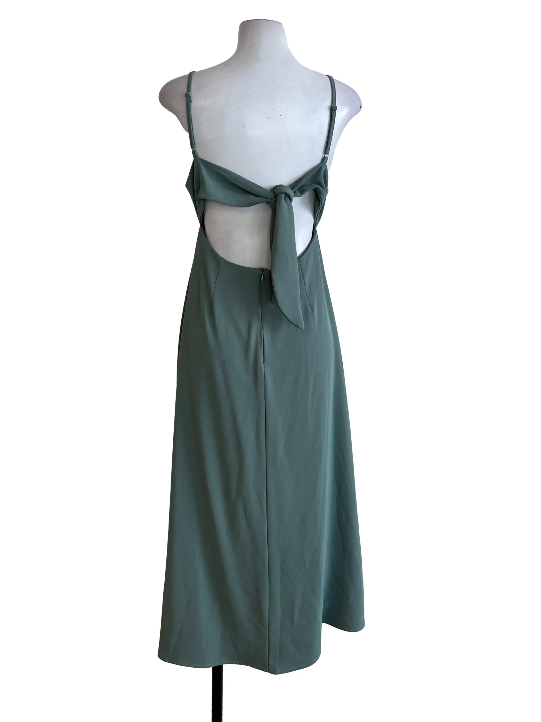 Forest Green Ruched Square Neck Back Tie Dress - Image 2