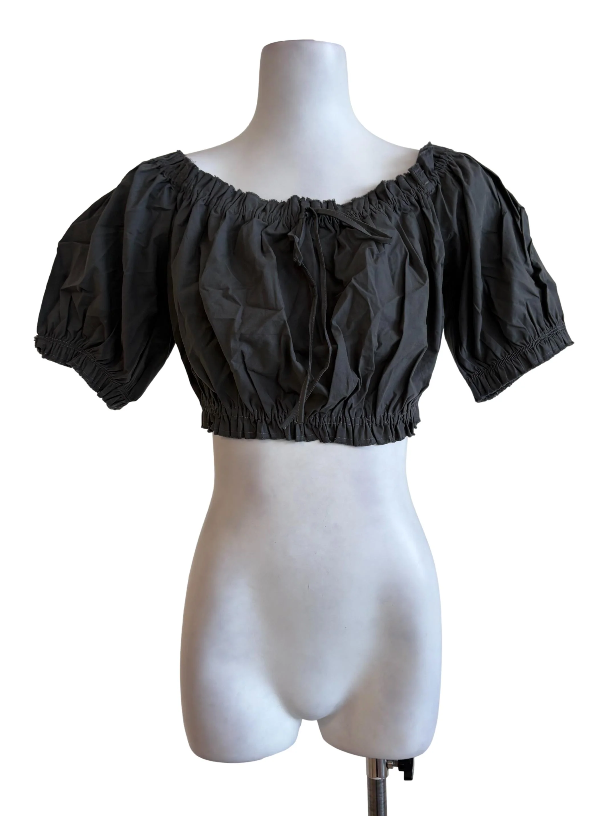 Fossil Grey Puff Sleeves Crop Top