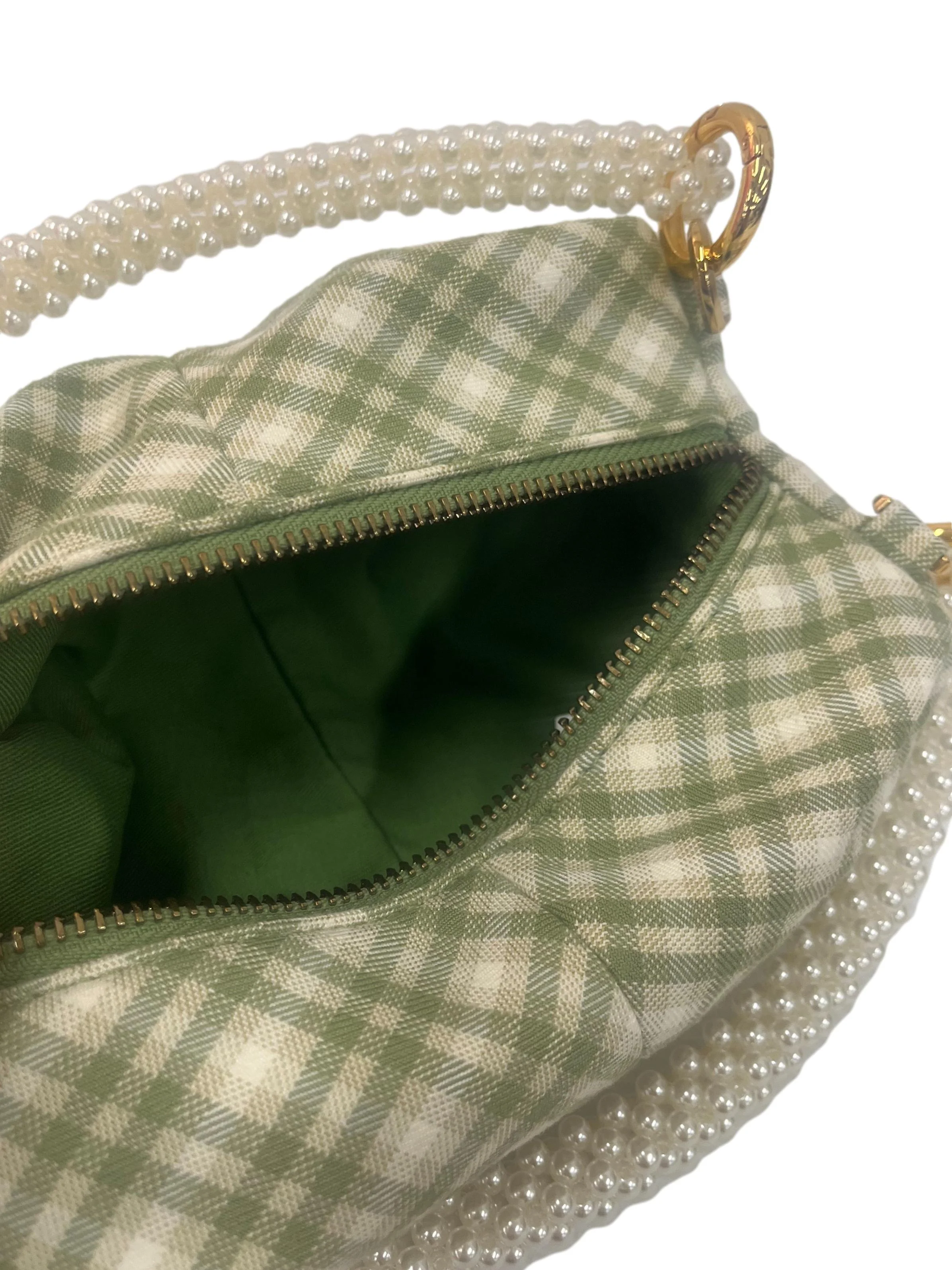 Green And Cream Checkered Mini Handbag With Pearl Handle - Image 6