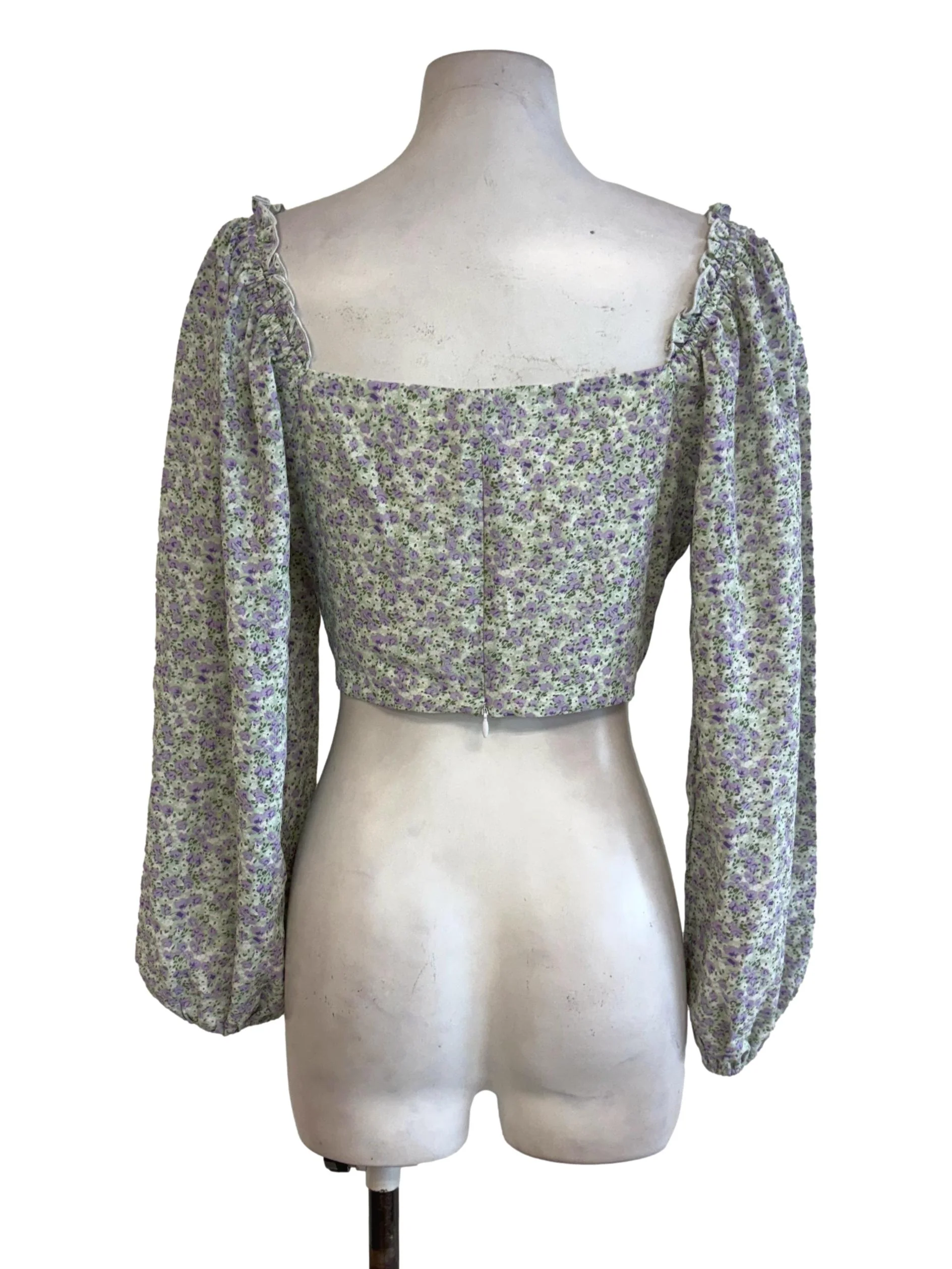 Green Floral Puffed Sleeves Crop Top - Image 2