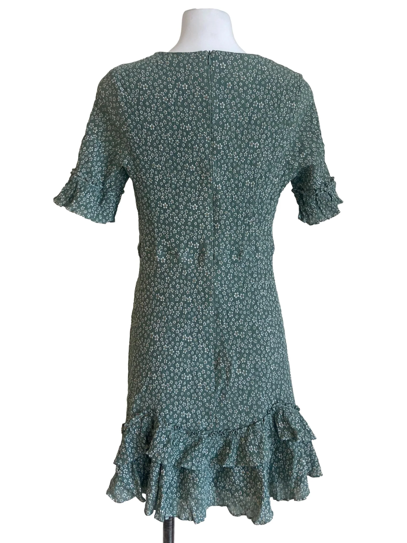Green Floral V Neck Ruffled Dress - Image 2
