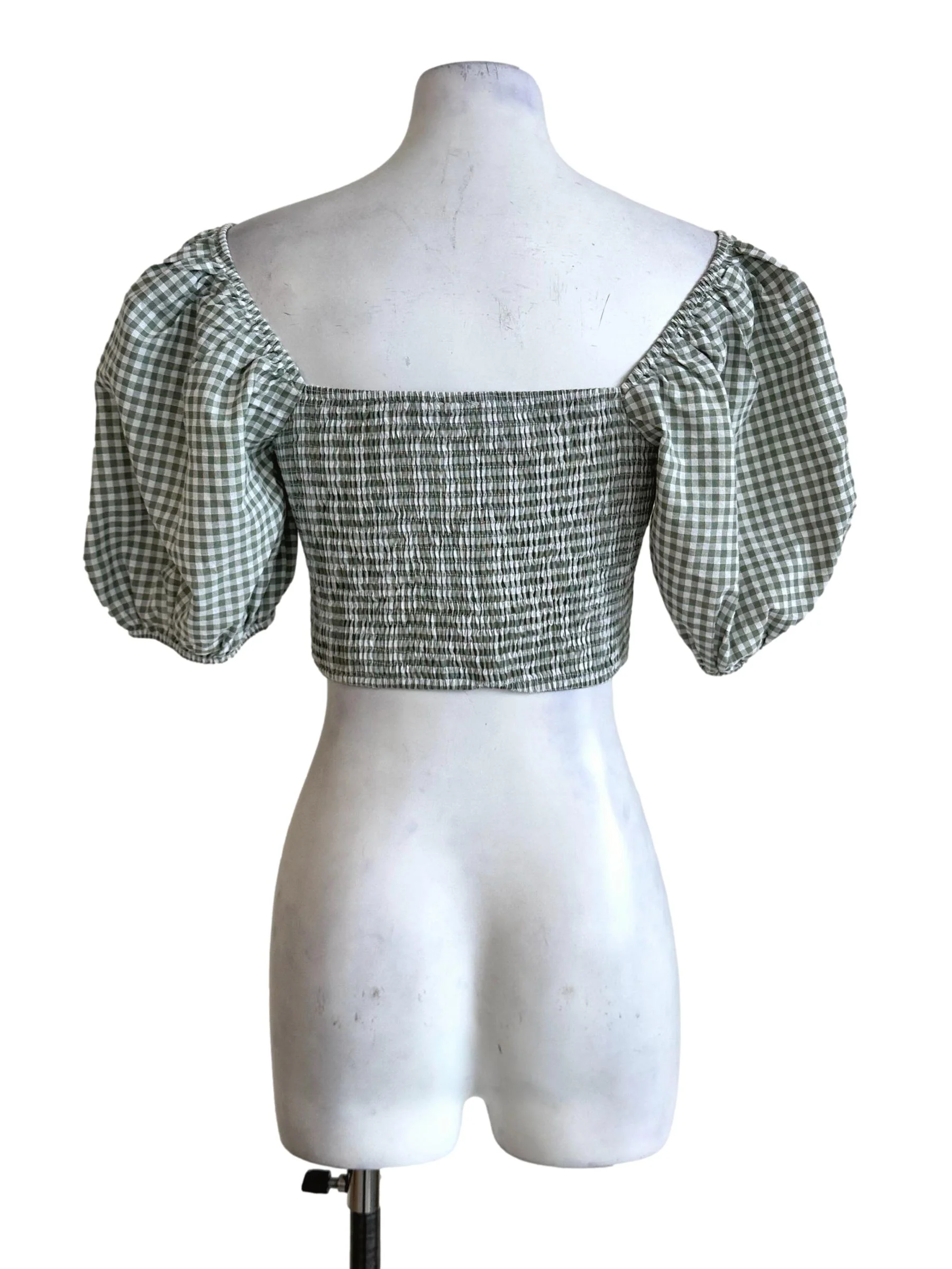 Green Gingham Pattern Smocked Crop Top - Image 2