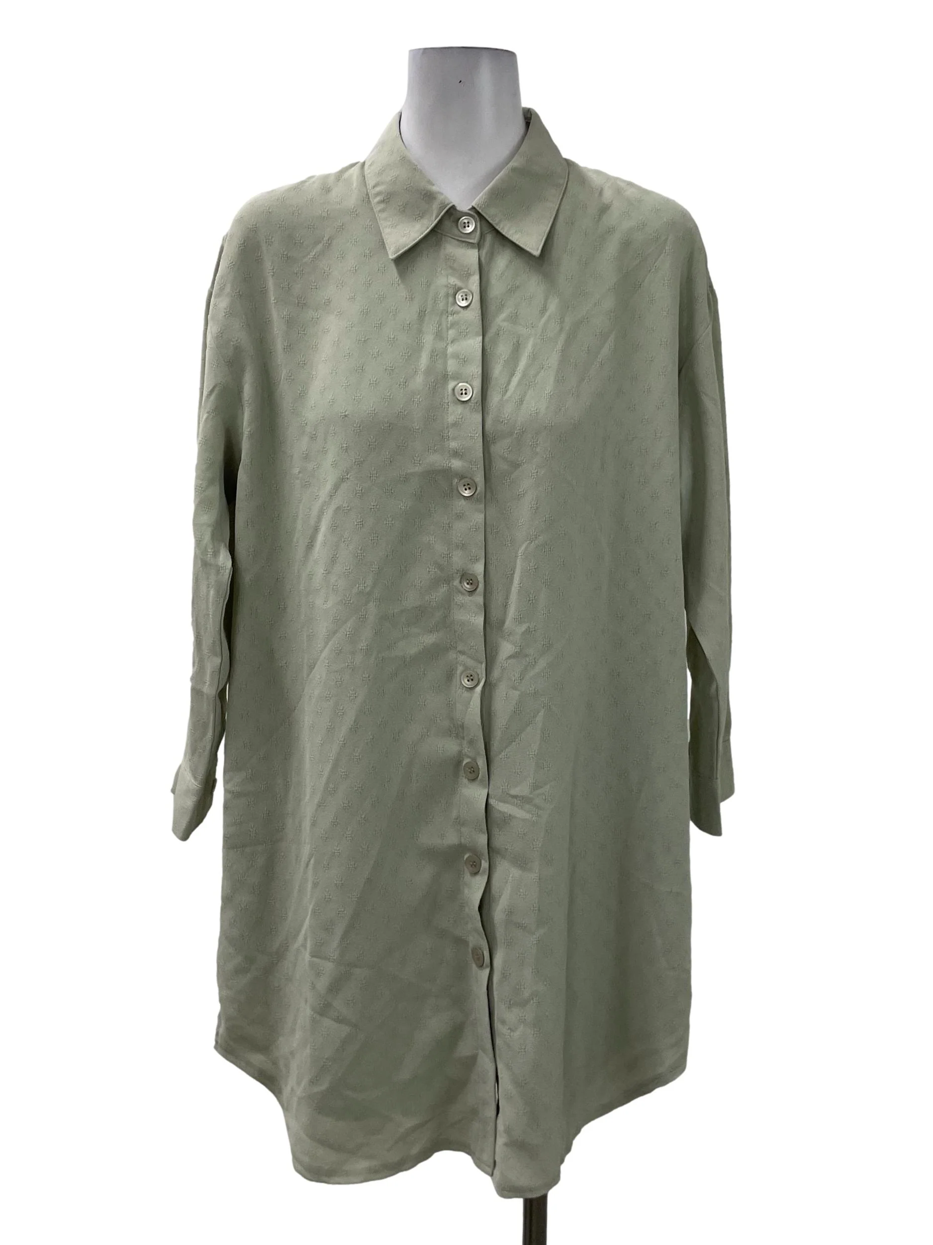Green Textured Collar Button Dress