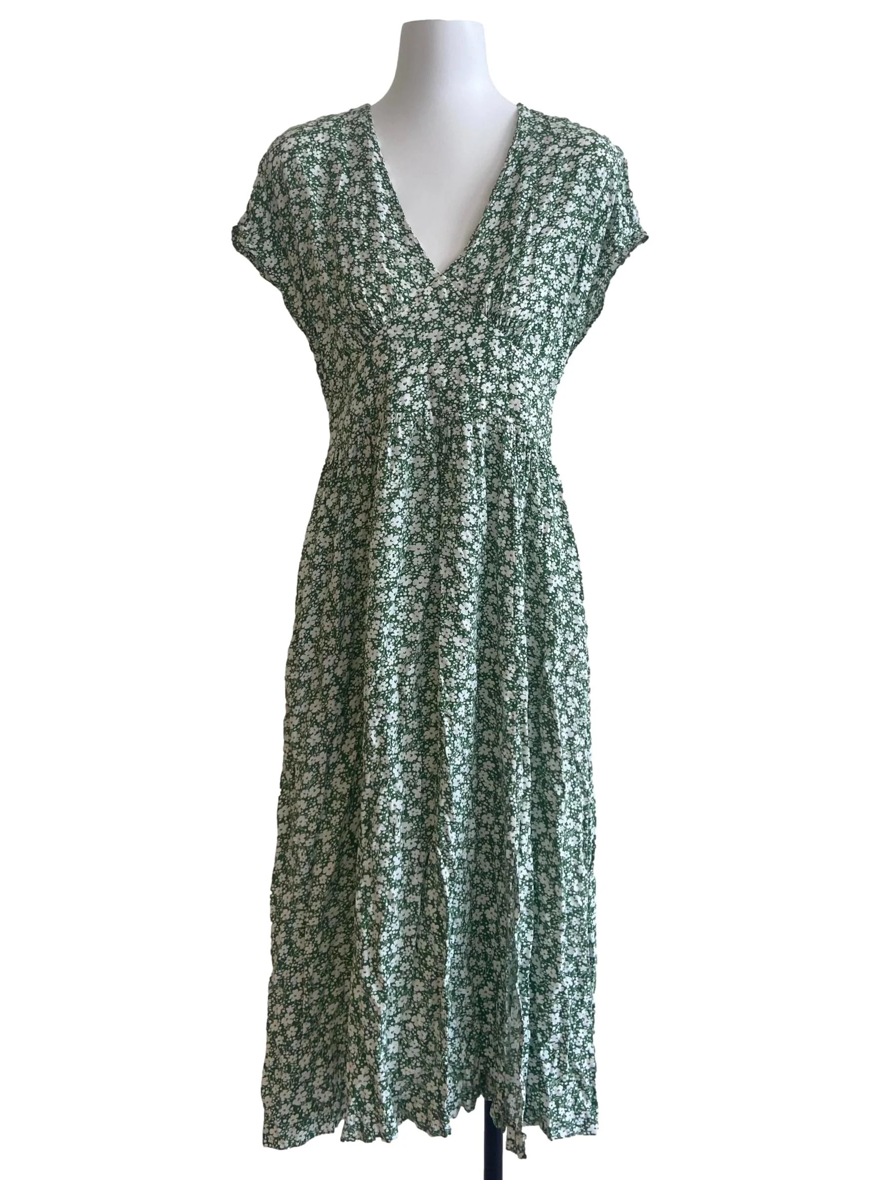 Green & White Floral V Neck Slit Empire Dress