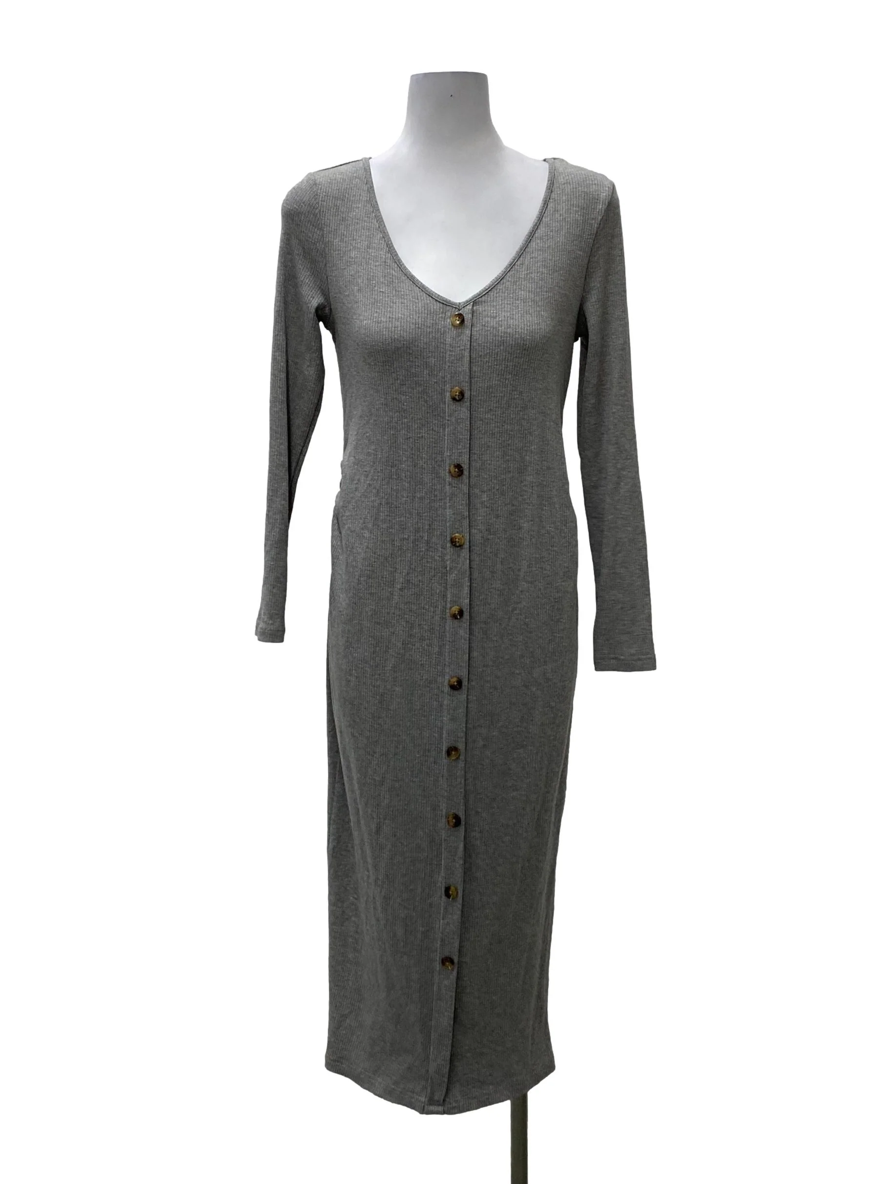 Grey V-Neck Long Sleeved Ribbed Dress