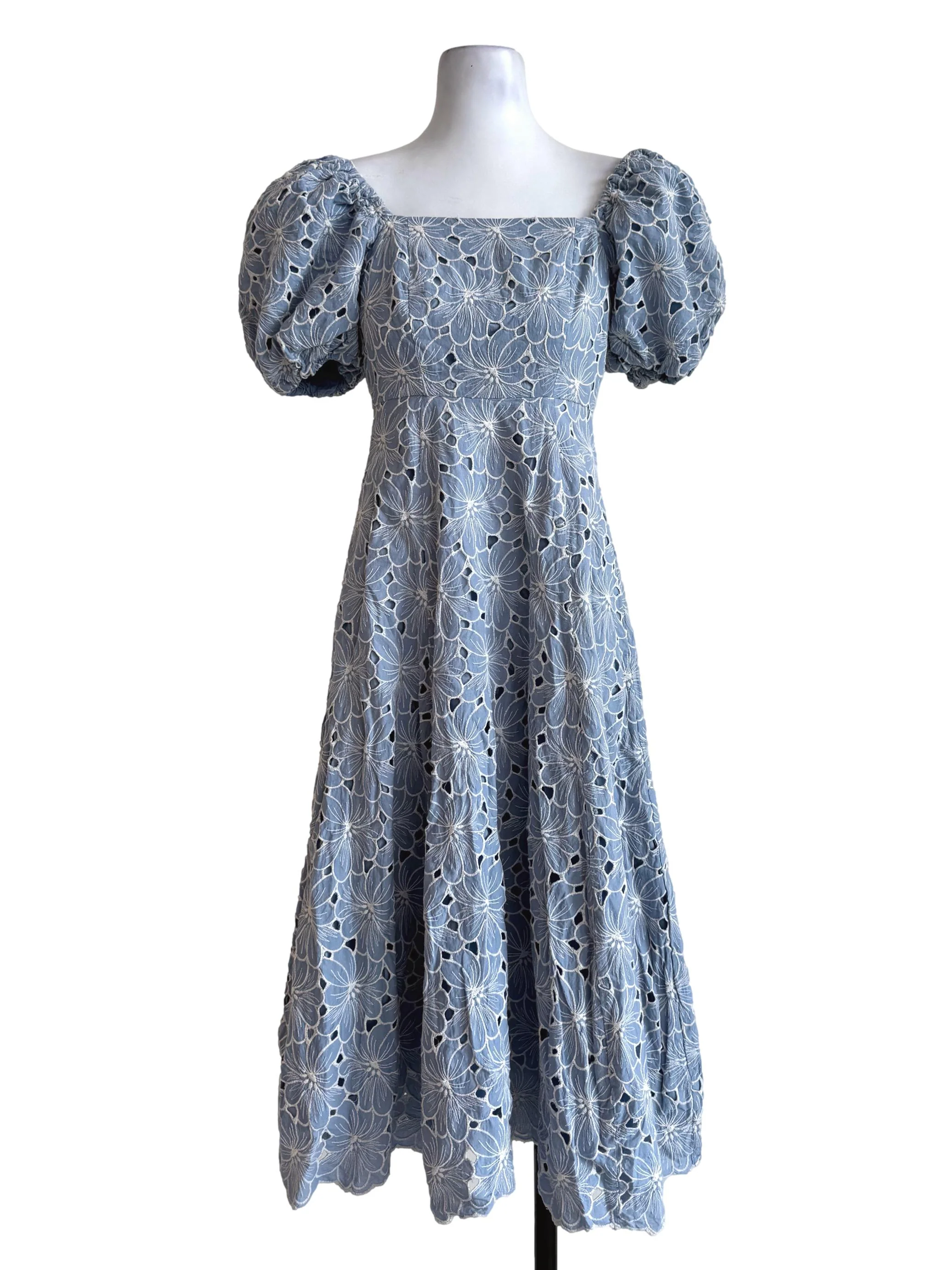 Haze Blue Embroidery Bubble Sleeve Dress