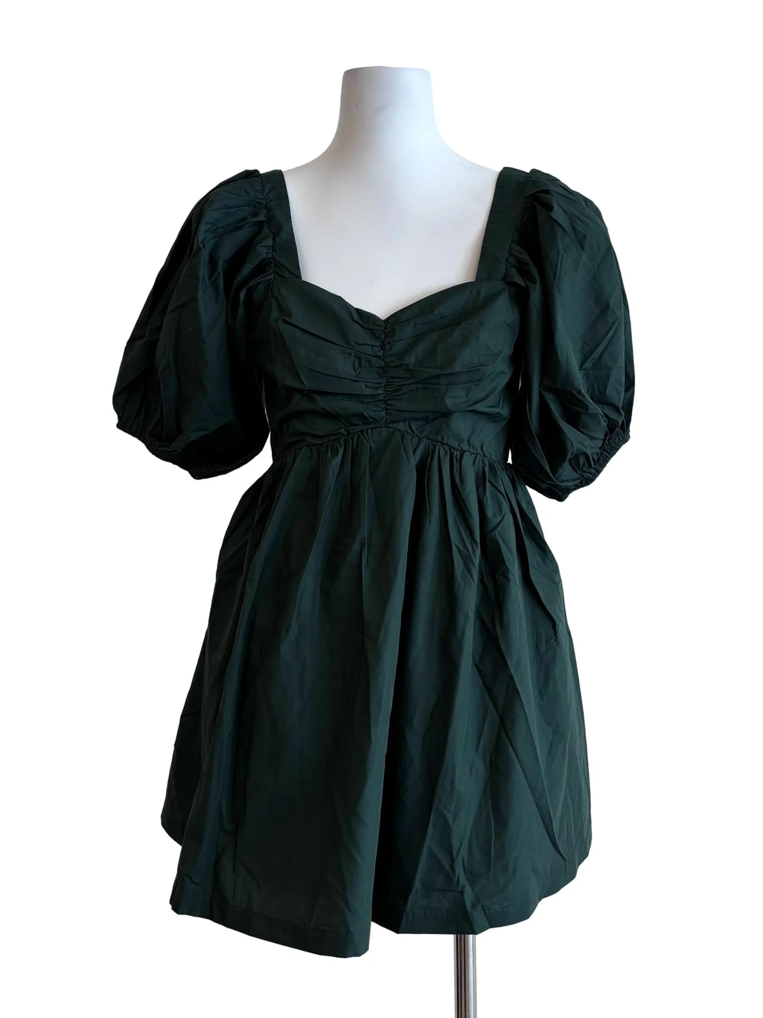 Hunter Green Sweetheart Puff Sleeve Cotton Dress