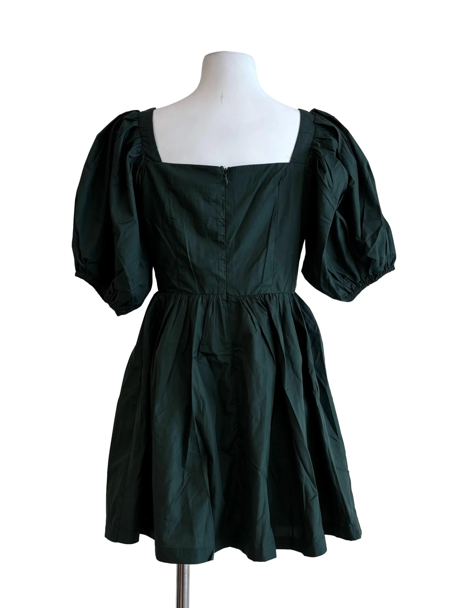 Hunter Green Sweetheart Puff Sleeve Cotton Dress - Image 2