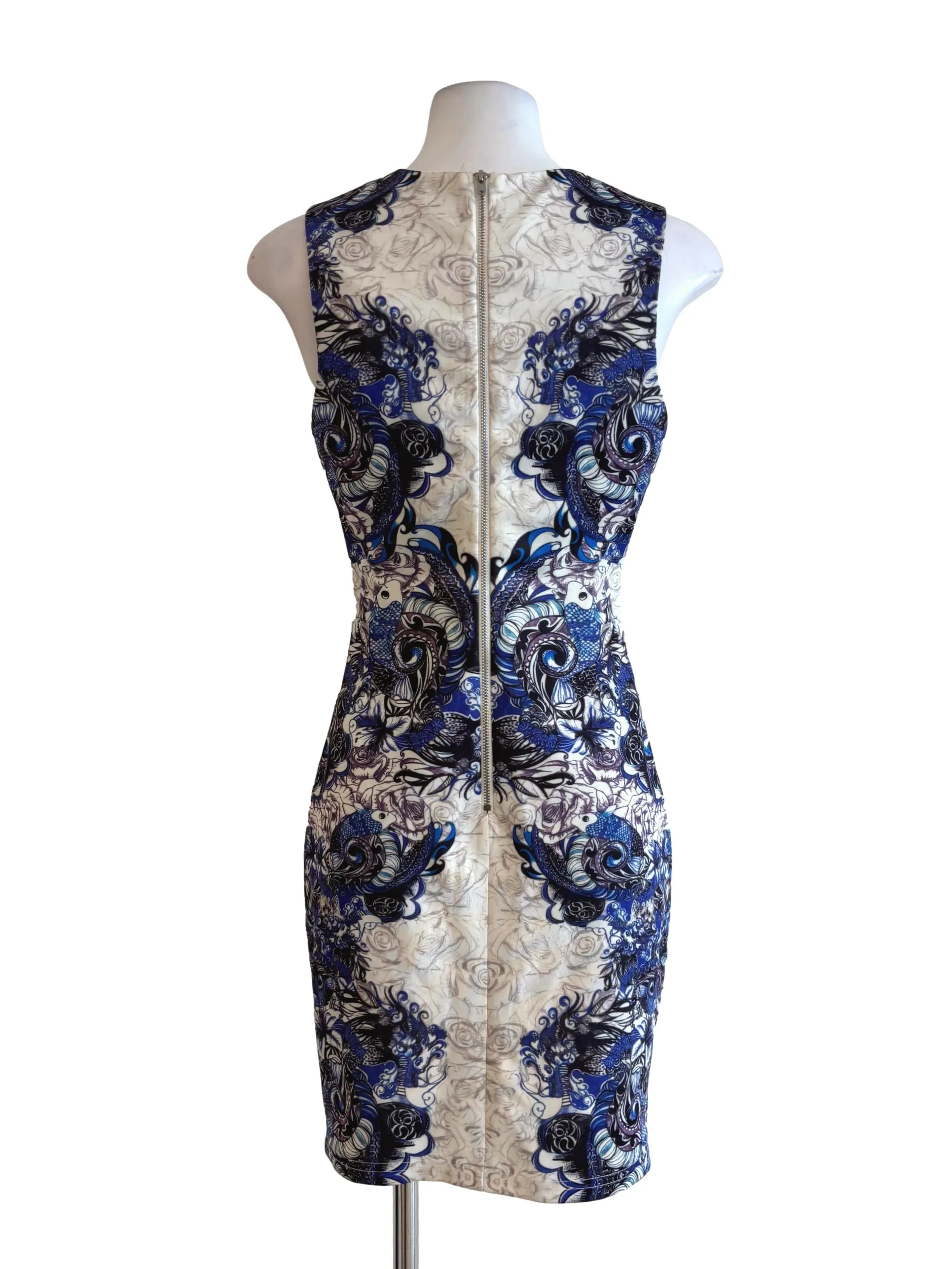 Ivory White Floral Blue Pencil Dress LB - Image 2