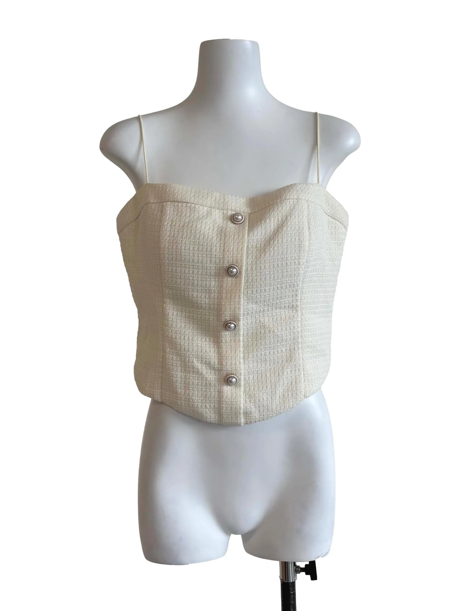 Ivory White Spaghetti Strap Tweed Top