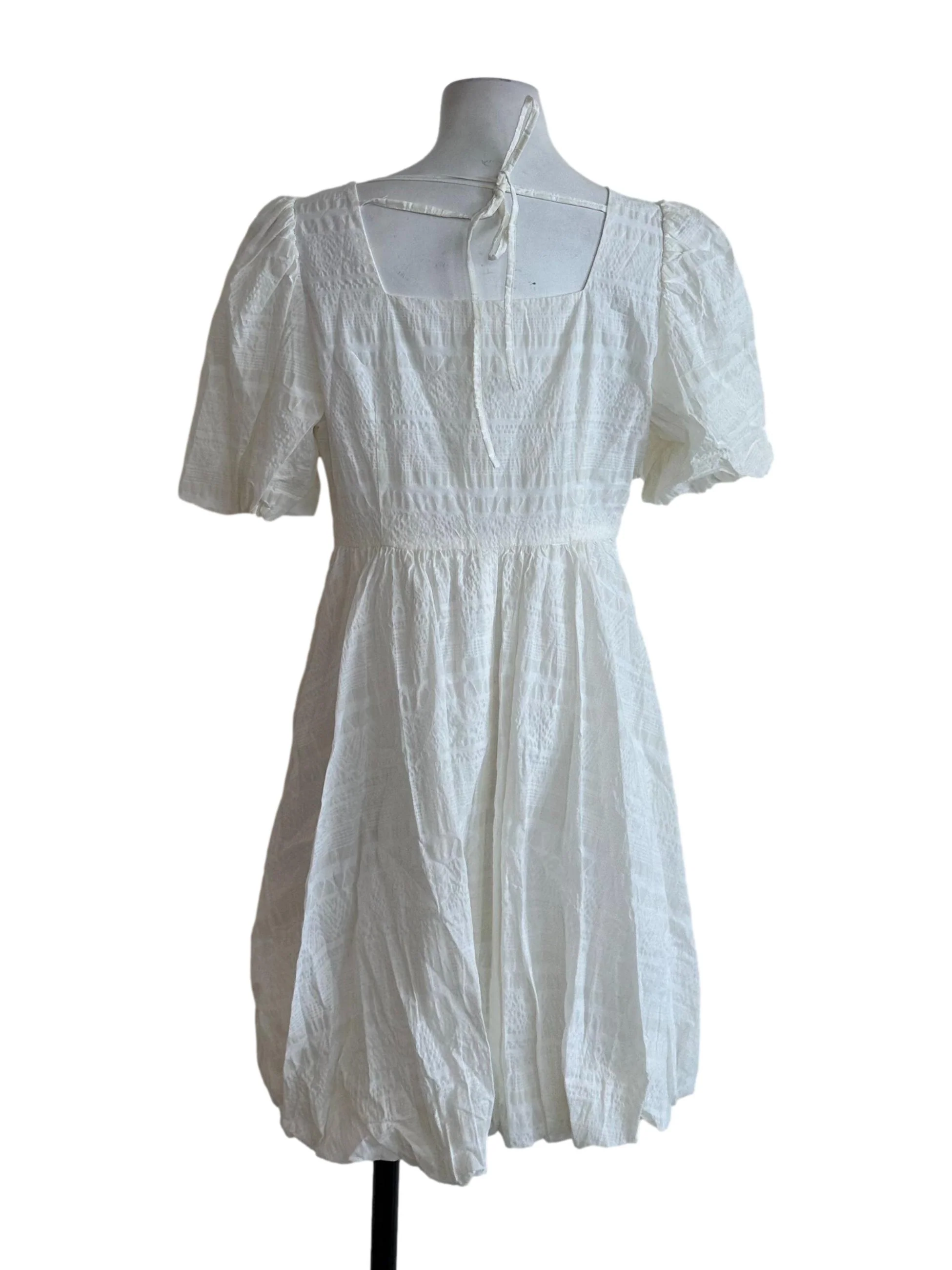 Ivory White Square Neck Textured Bubble Dress - Image 2