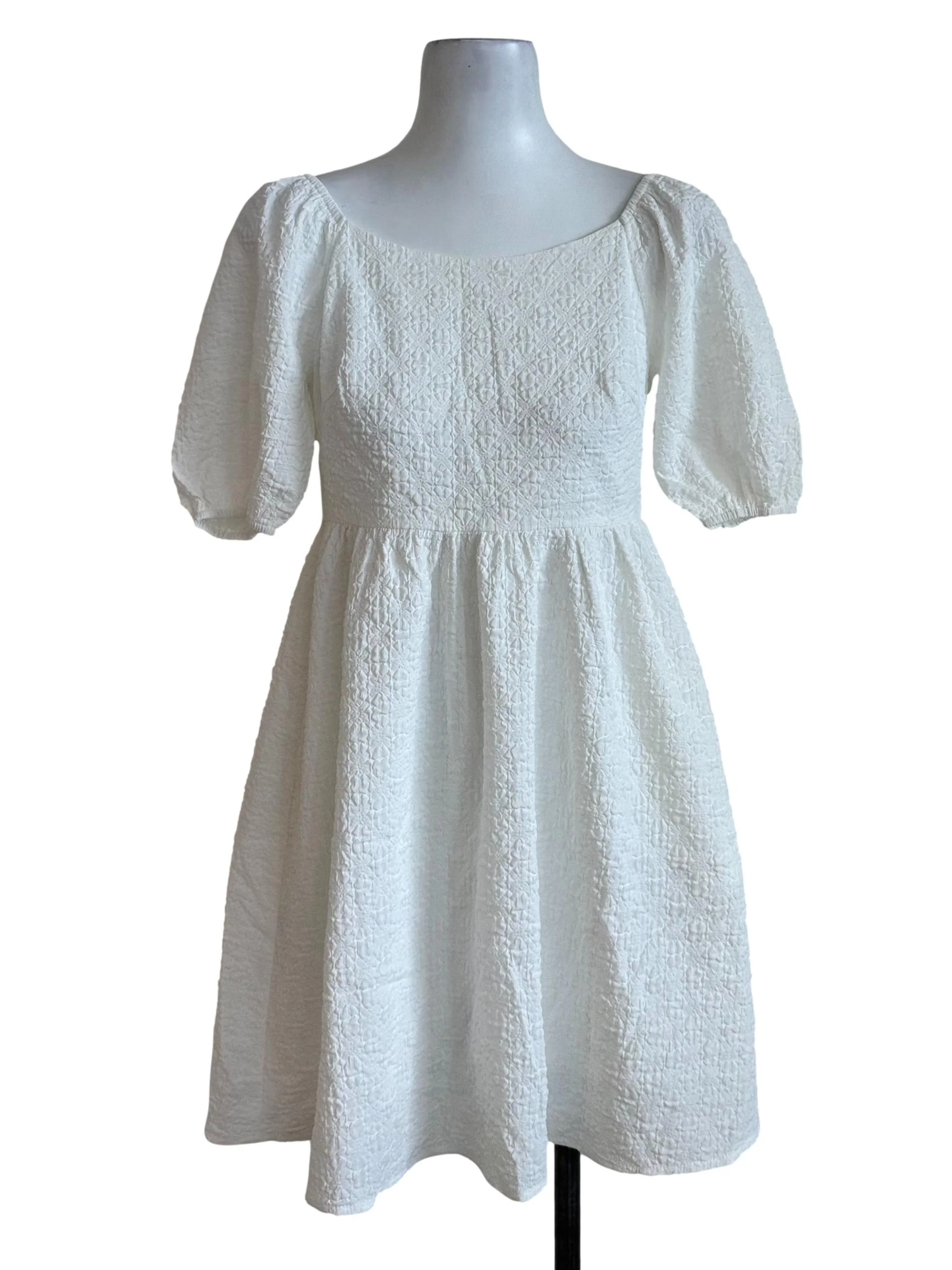 Ivory White Textured Puff Sleeve Dress