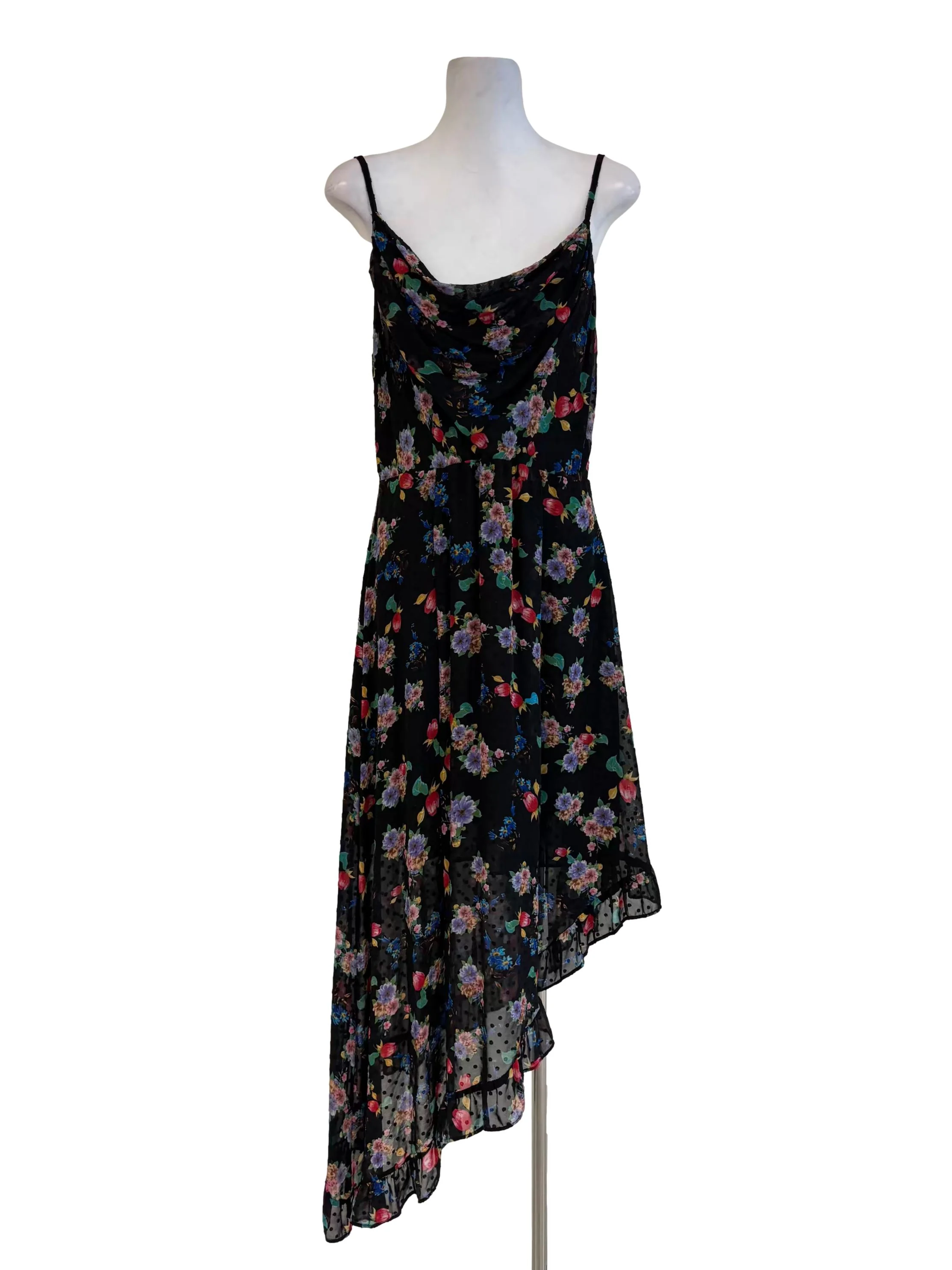 Jet Black Floral Asymmetrical Cowl Dress