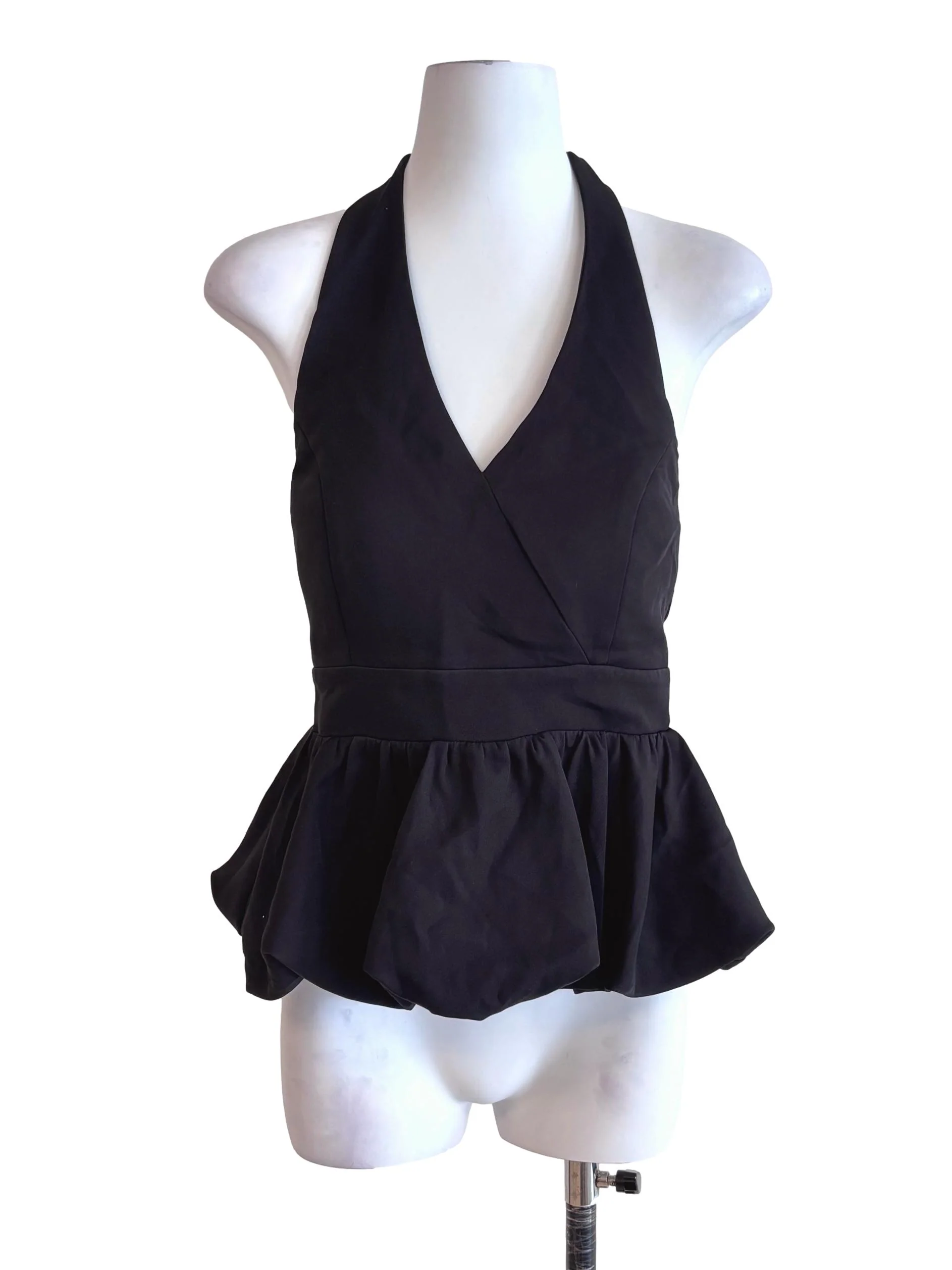 Jet Black Halter Tie Strap Peplum Top