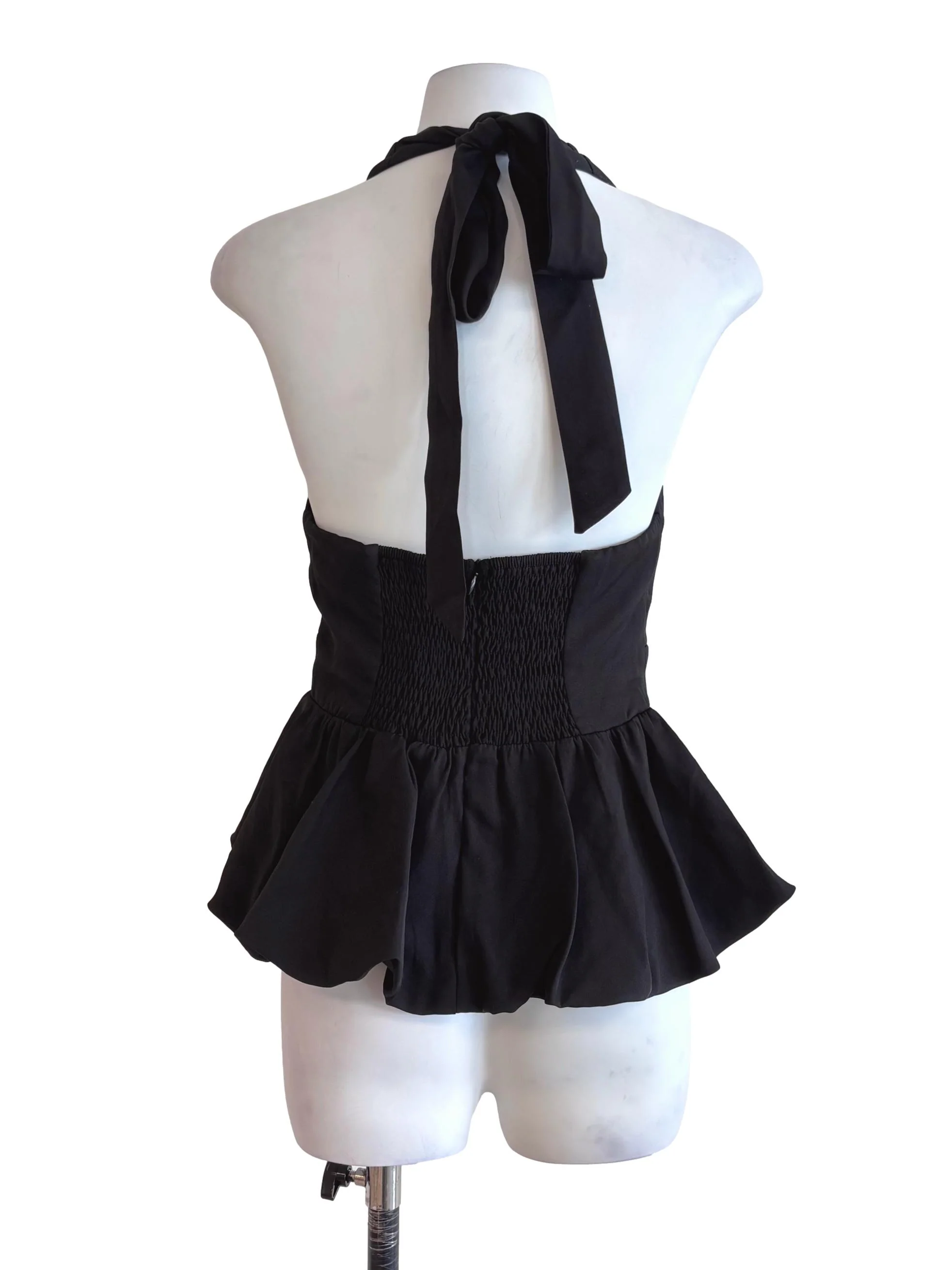Jet Black Halter Tie Strap Peplum Top - Image 2