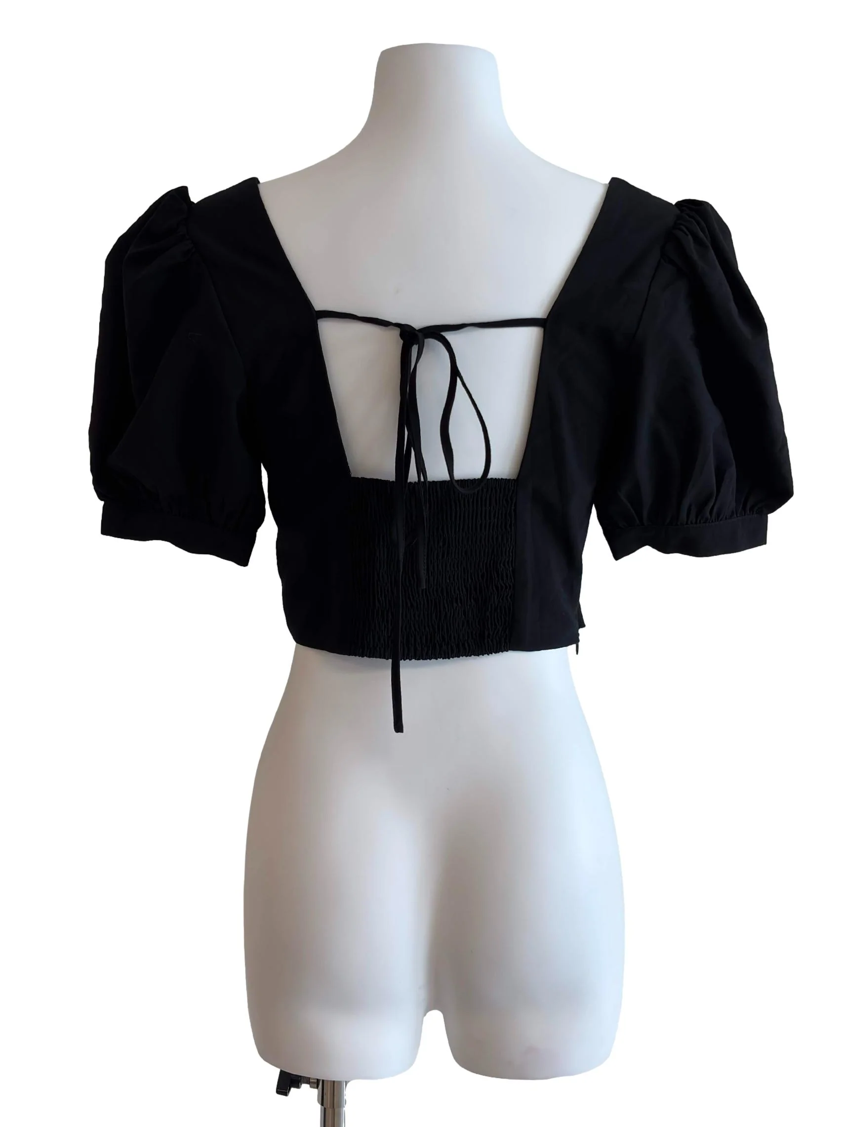 Jet Black Puff Sleeve Padded Crop Top - Image 2