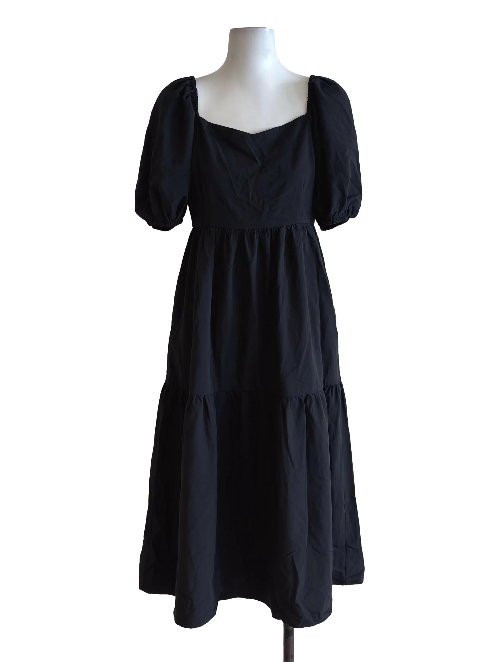 Jet Black Puff Sleeve Tiered Dress